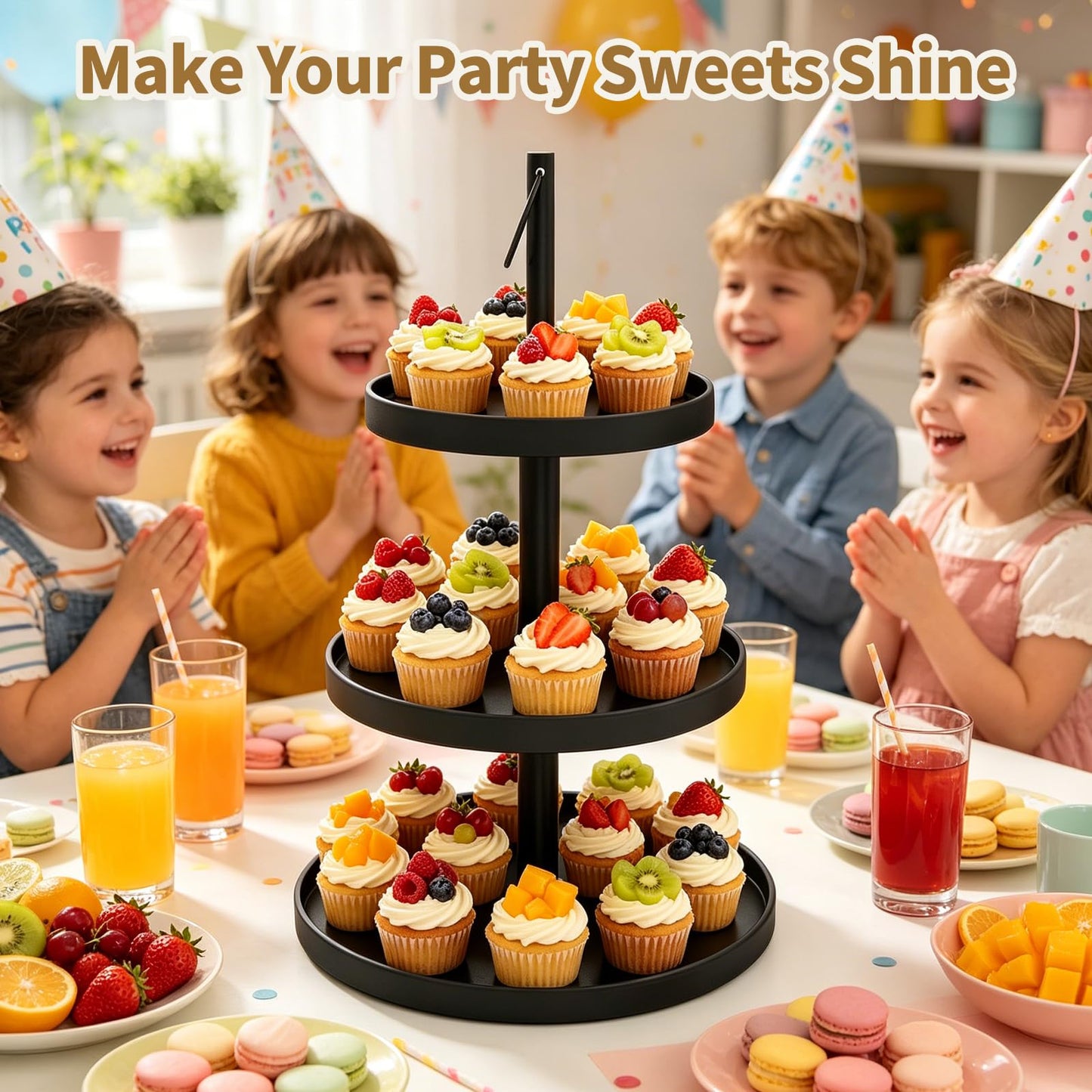 OugeWood Cupcake Stand for 50 Cupcakes,Cupcake Stand 2 PACK Metal 3 Tier Cupcake Tower Black Tiered Tray Stand Cupcake Holder Stand Cake Stand Serving Trays Dessert Stands with Handle for Party