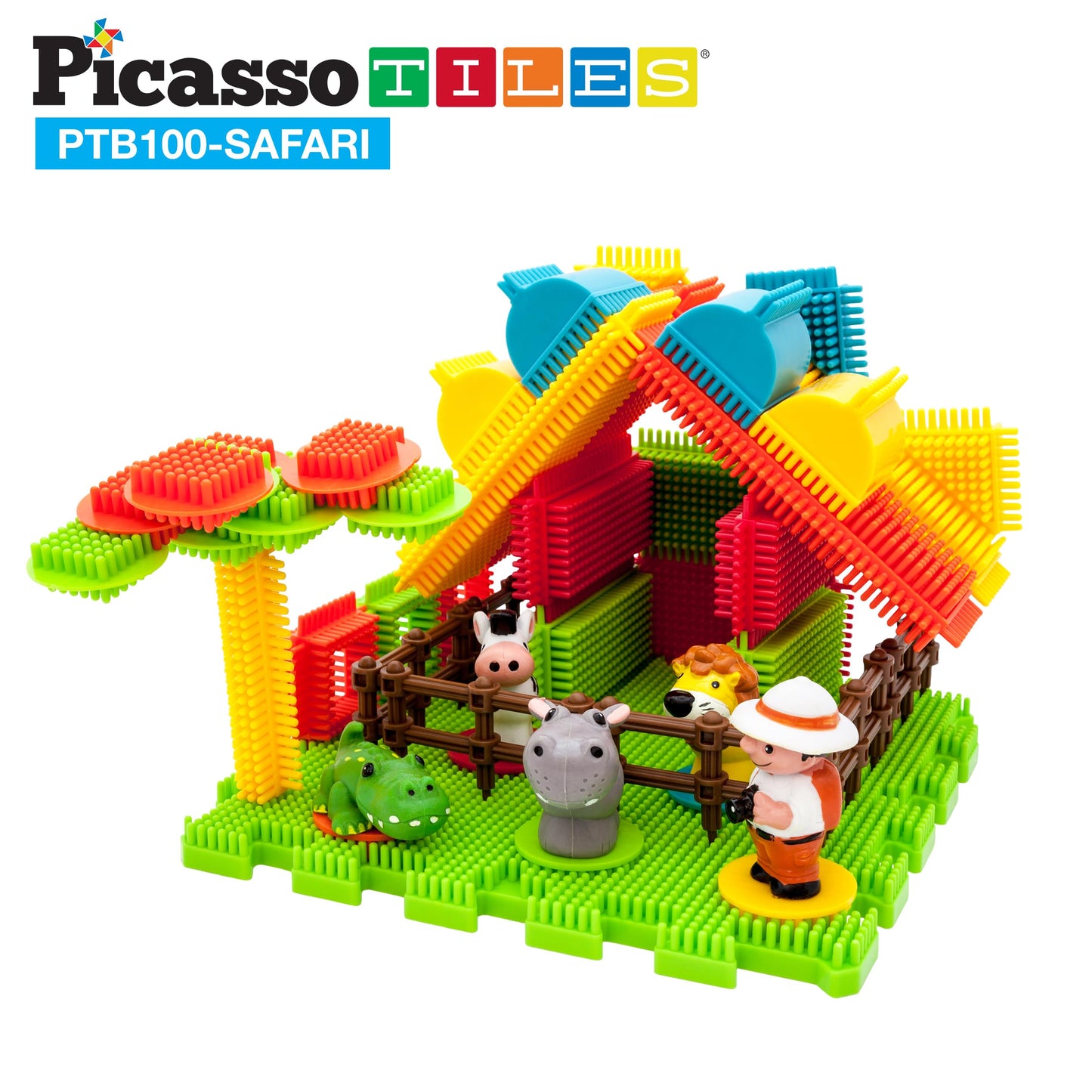 PicassoTiles PTB100 100pcs Bristle Lock 3D Building Blocks Tiles Safari Theme Set Learning Playset STEM Toy Set Educational Kit Child Brain Development Preschool Kindergarten Toy for Age 3 & Up