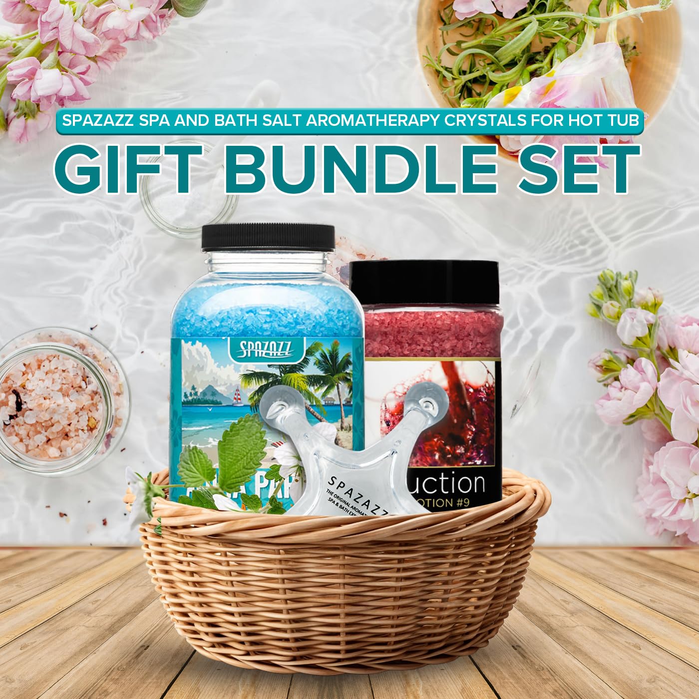 Spazazz Spa and Bath Salt Aromatherapy Crystals for Hot Tub - Gift Bundle Set The Mood Love Potion #9 Seduction 17oz - Destinations Hawaii Aloha Paradise 22oz with 5 Point Full Body Massage Tool