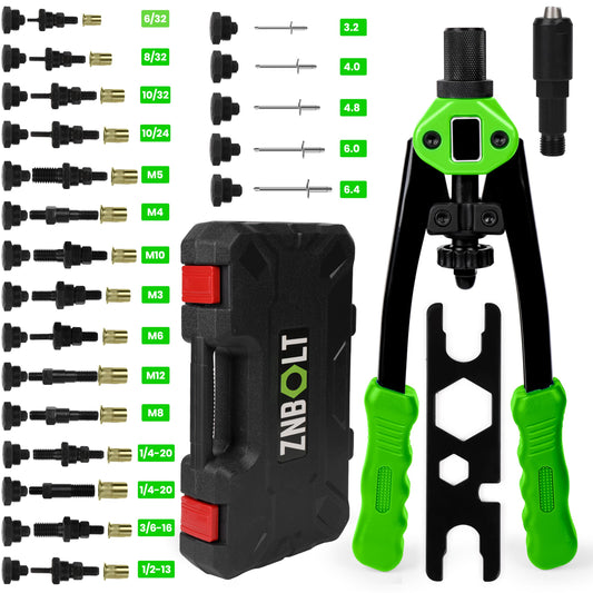 ZNBOLT Dual Function Hand Rivet Gun with Rugged Carrying Case – Heavy Duty Single Hand Riveter with 400+ pcs Rivet Nuts, 15 Mandrels, 5 Rivet Nozzles, Blind Rivets for Plastic, Wood, Metal, Leather
