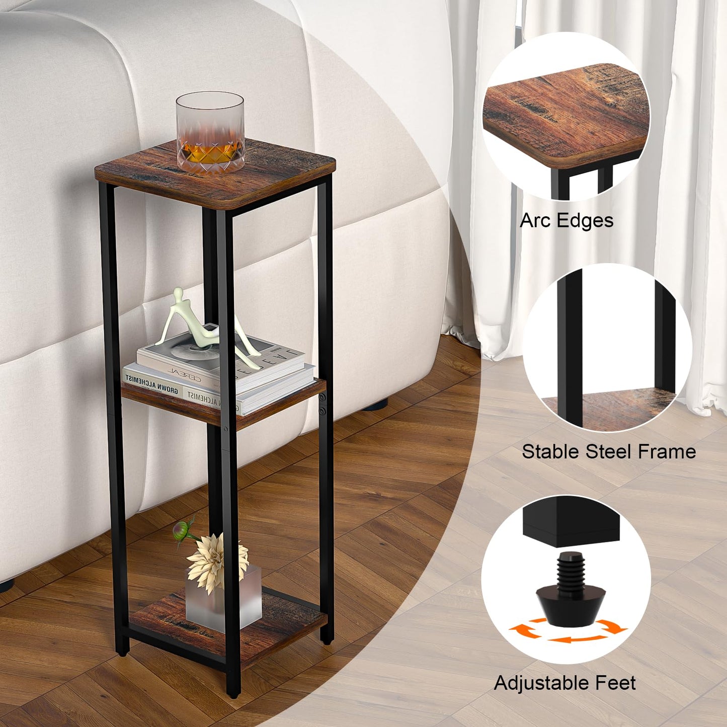 GHIMIGN 10" Wide Square Drink Table with Adjustable Feet - 3-Tier Small Side Table for Apartments, Balcony & Office | Space-Saving, Lightweight & Multi-Functional (Plants, Books, Drinks, Brown)