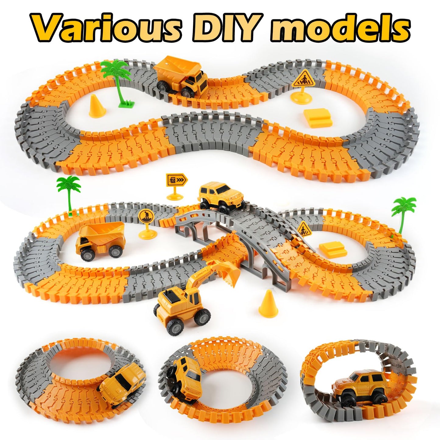 INSFUN Race Tracks Toys for Kids Ages 3-5 - Best Birthday Gifts for 3 4 5 6 7 Year Old Boys, 220+ PCS Playset with 4 Construction Cars, Toddler Toy for Creative Play