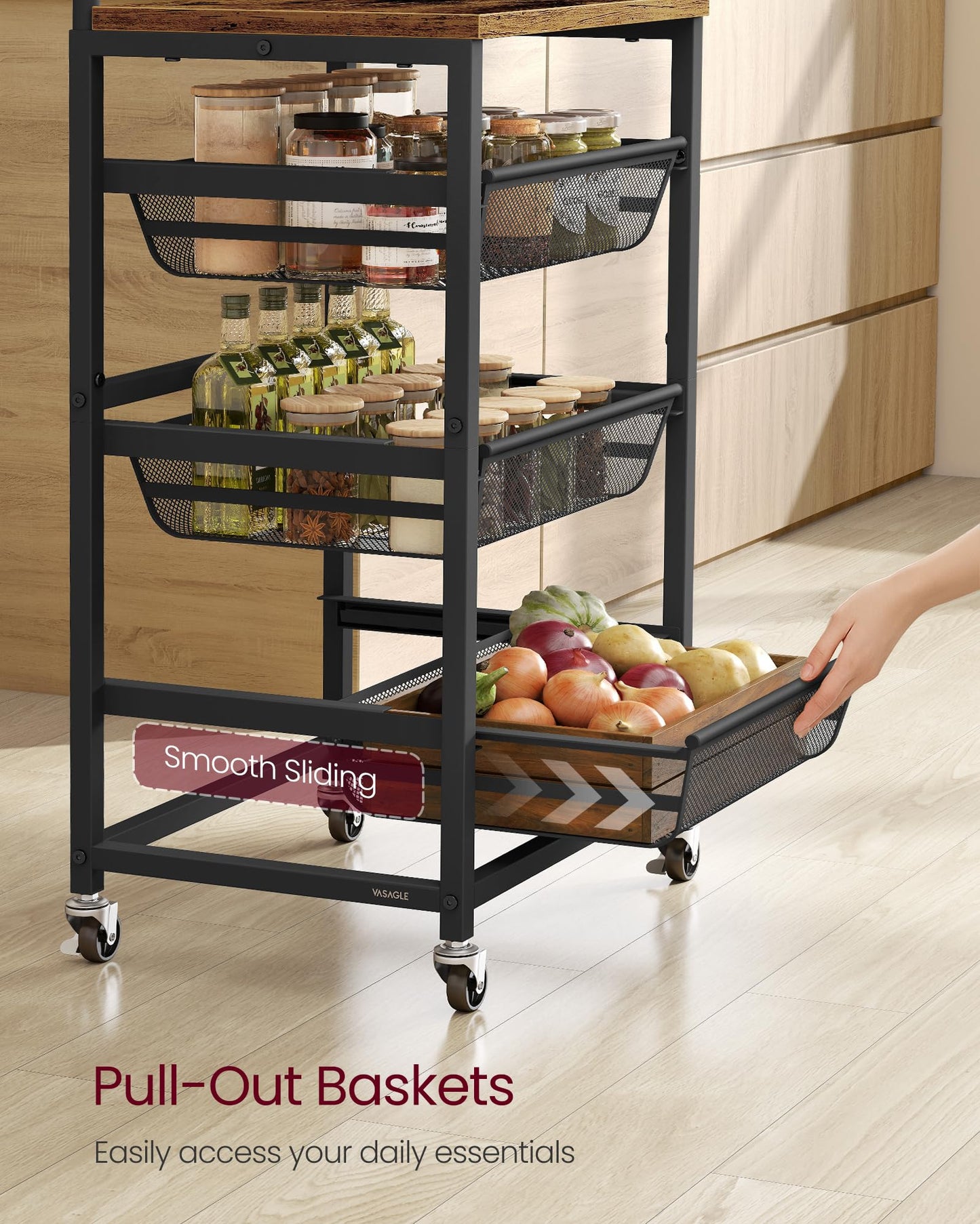 VASAGLE Storage Rolling Cart with Pull-Out Baskets, 4-Tier Utility Cart Orgnizer with Wheels for Laundry Room, Kitchen, Handle, 12.5 x 15.8 x 29.9 Inches, Rustic Brown and Ink Black ULRC040K01