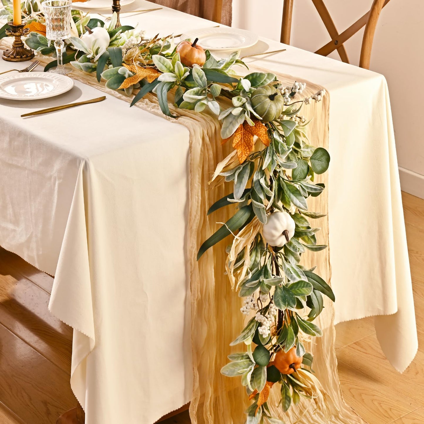 Fall Decor,Fall Garland for Mantel, 6 FT Fall Garland with Light, Lighted Autumn Garlands with Faux Lamb's Ear & Pumpkins, Thanksgiving Table Centerpiece, Fall Decorations for Home Porch Fireplace