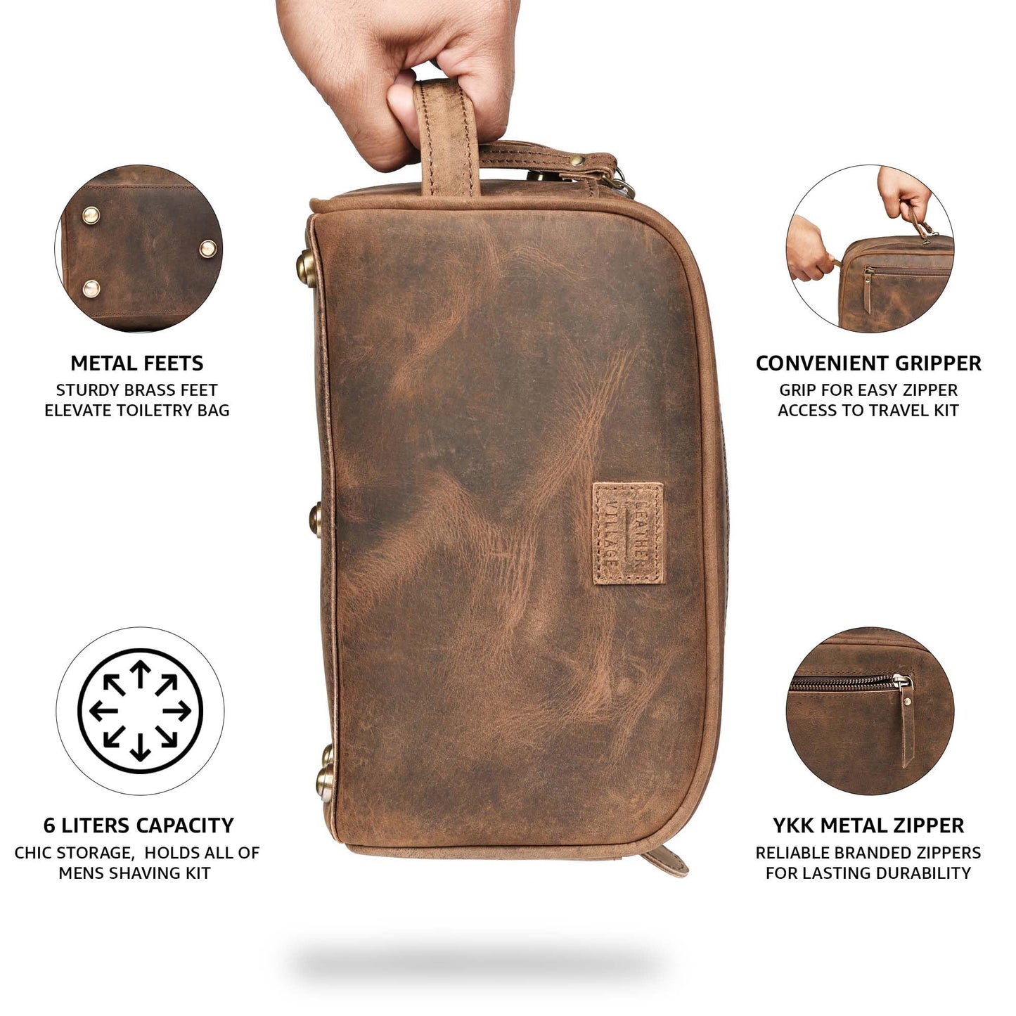 LEATHER VILLAGE Premium Leather Toiletry Travel Pouch With Waterproof Lining - Brown | King-Size Handcrafted Vintage Dopp Kit Bag