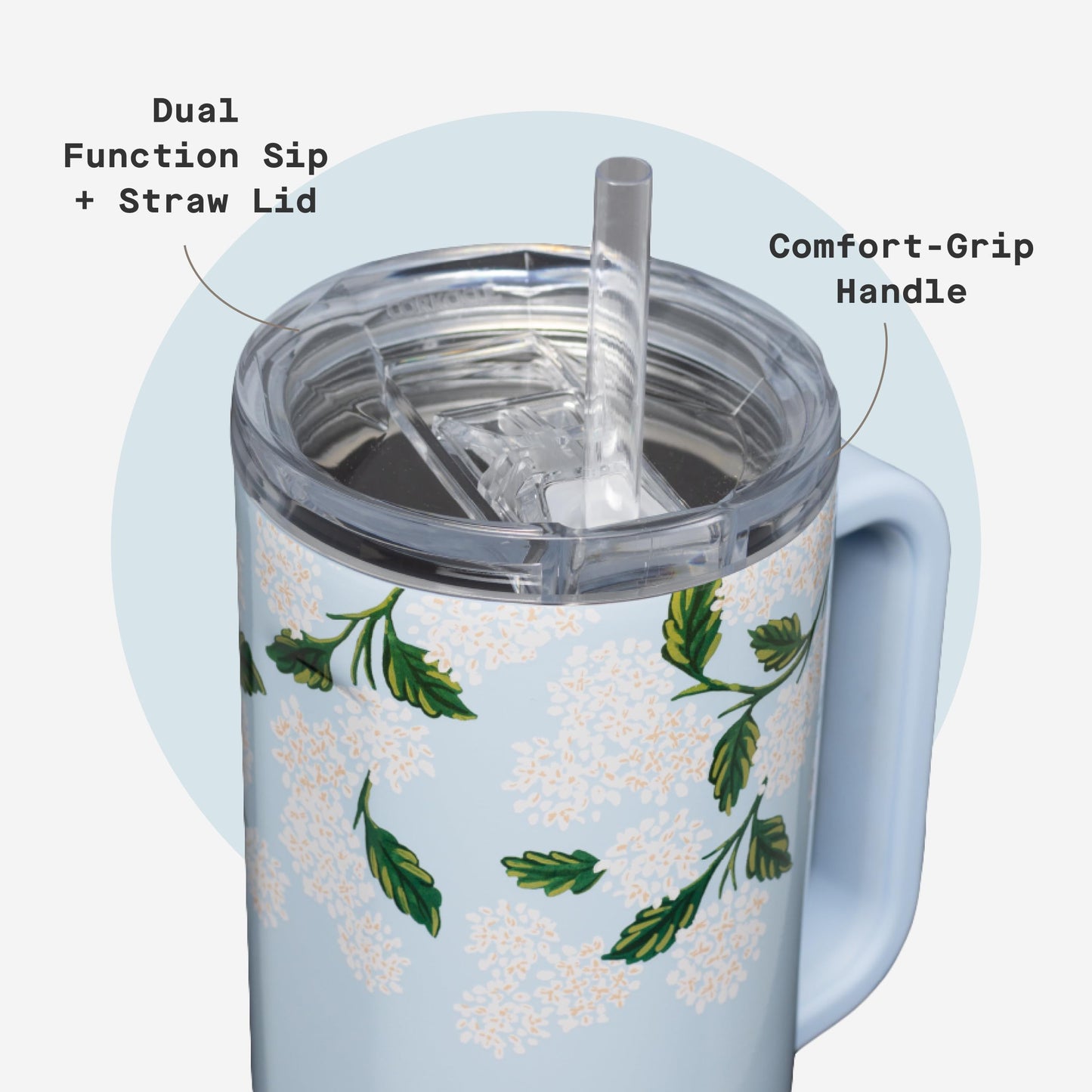 Corkcicle x Rifle Paper Co. Cruiser Insulated Tumbler with Handle & Straw - Keeps Drinks Cold 20 Hours - BPA-Free - 40 oz - Gift for Mom - Great for Mother's Day or Christmas - Gloss Blue Hydrangea
