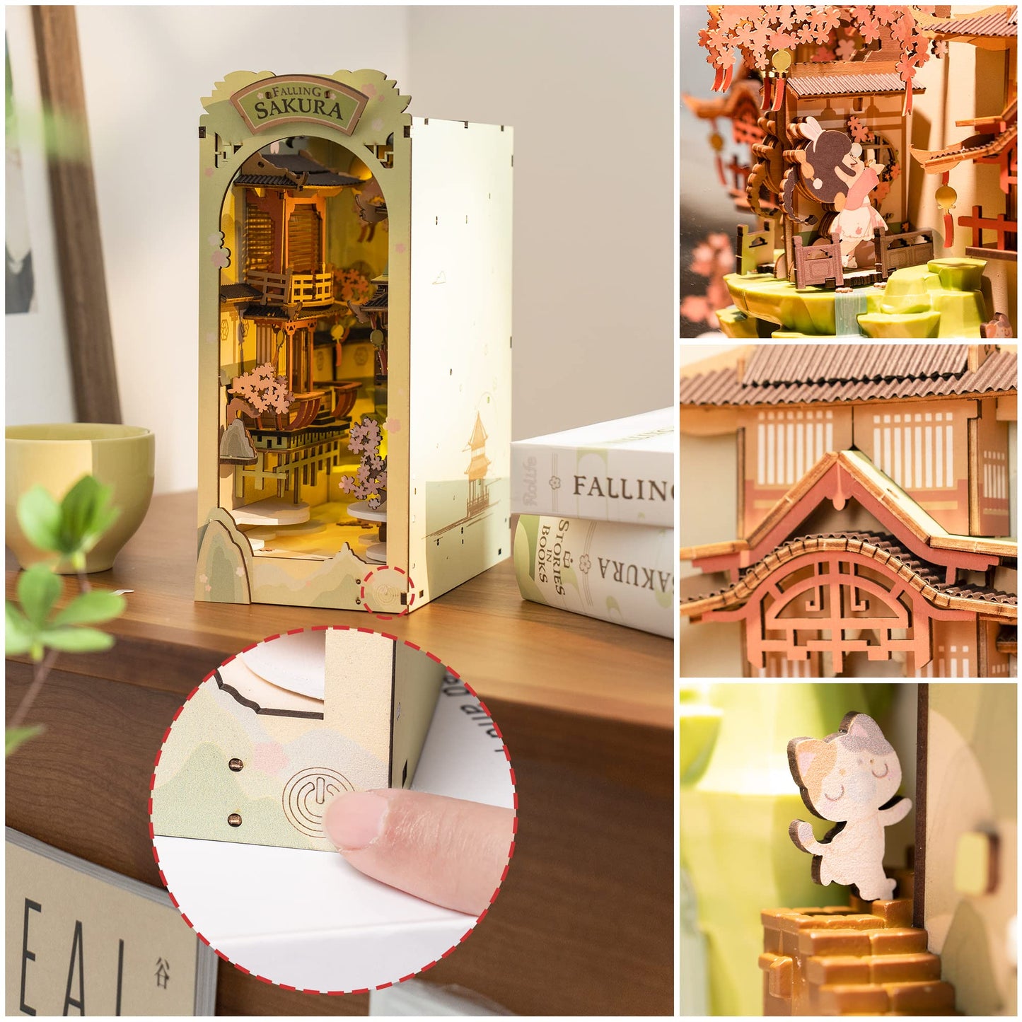 Rolife DIY Book Nook Kit Falling Sakura, DIY Miniature Booknook Kit Creative Decorative Bookend Bookshelf Insert 3D Puzzle for Adults, Halloween/Christmas Decorations/Gifts for Adults (Falling Sakura)