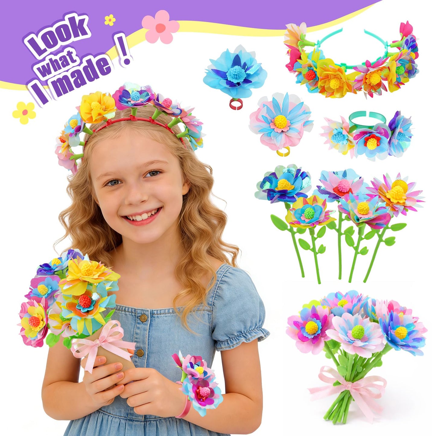 IQBOX Flower Craft Refill Kit for Kids Ages 4–8 – 217+ PCS Flower Making Accessories for Kids DIY Bouquet, Headband, Bracelet Supplies