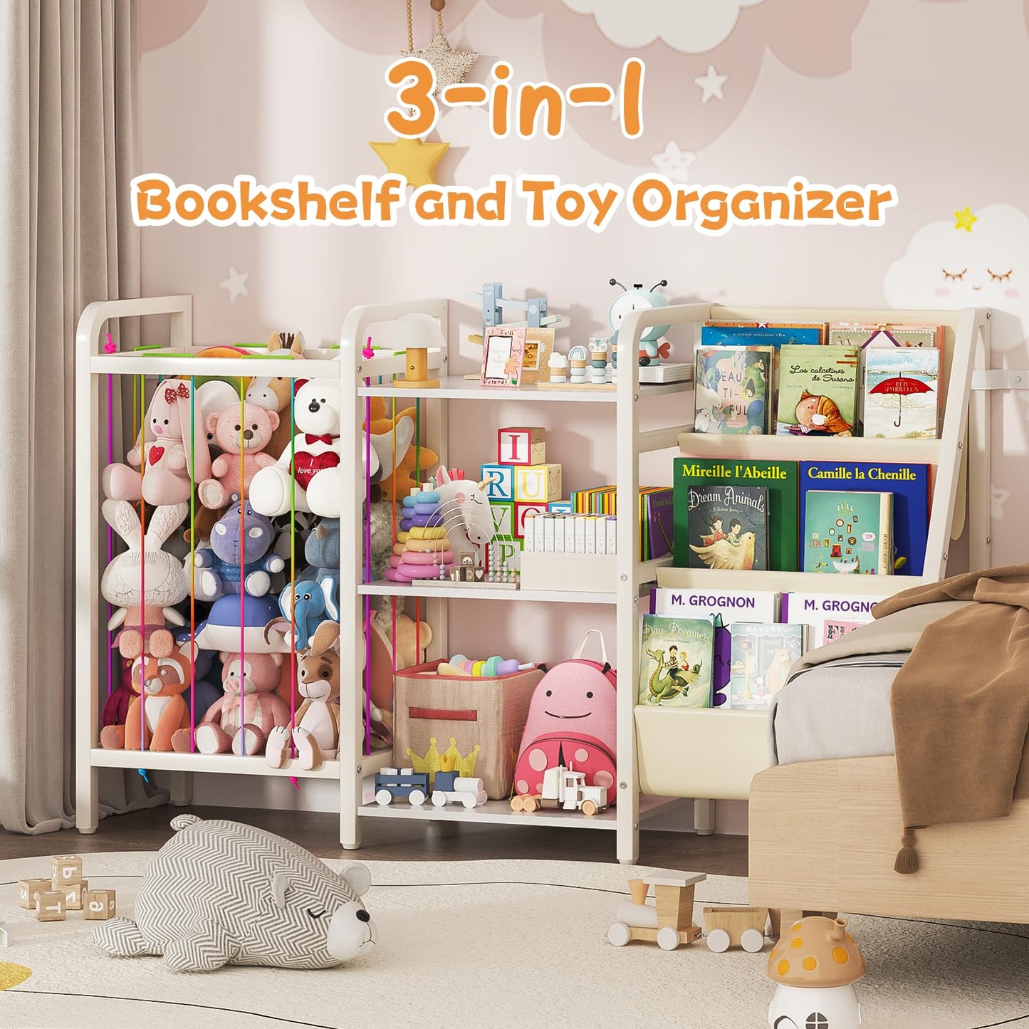 CYXPHION B1 Kids Bookshelf and Toy Storage, 3-Tier Book Shelf for Kids Rooms, Sling Baby Bookcase with Stuffed Animal Storage, Montessori Toddler Bookshelf for Nursery, Bedroom, Playroom, White