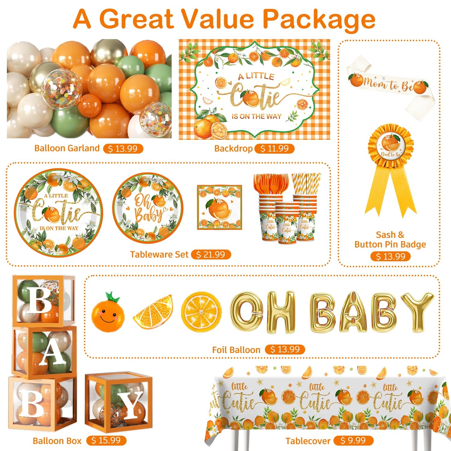 Fexivo 279 PCS A Little Cutie Is On The Way Decorations, All-in-One Orange Baby Shower Party Pack With Balloon, Backdrop, Plates and Napkins, for Little Cutie Baby Shower, Service 25
