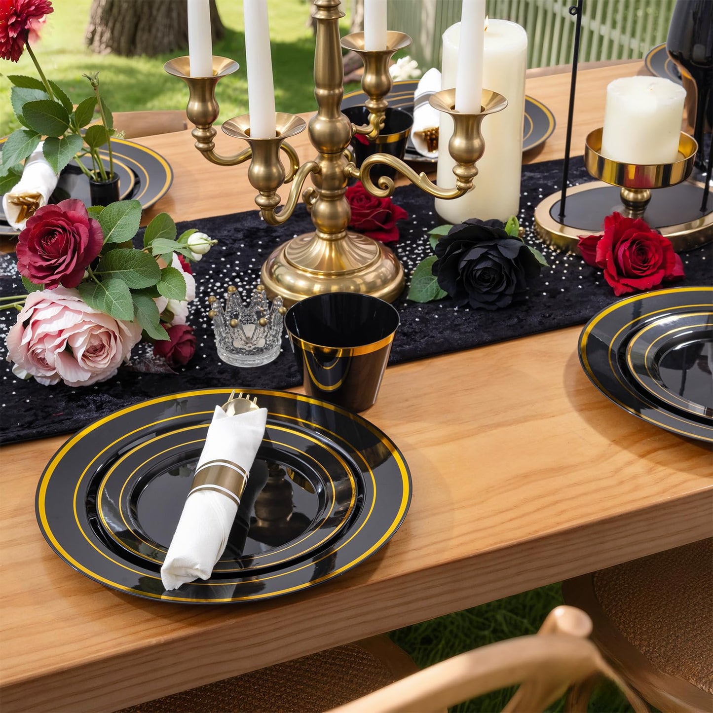 WELLIFE 350PCS Black and Gold Plastic Plates - Plastic Dinnerware Set for 50 Guests,Include 50 Dinner Plates, 50 Dessert Plates, 50 Black Cups 9 OZ, 50 Pre Rolled Napkins with Gold Silverware