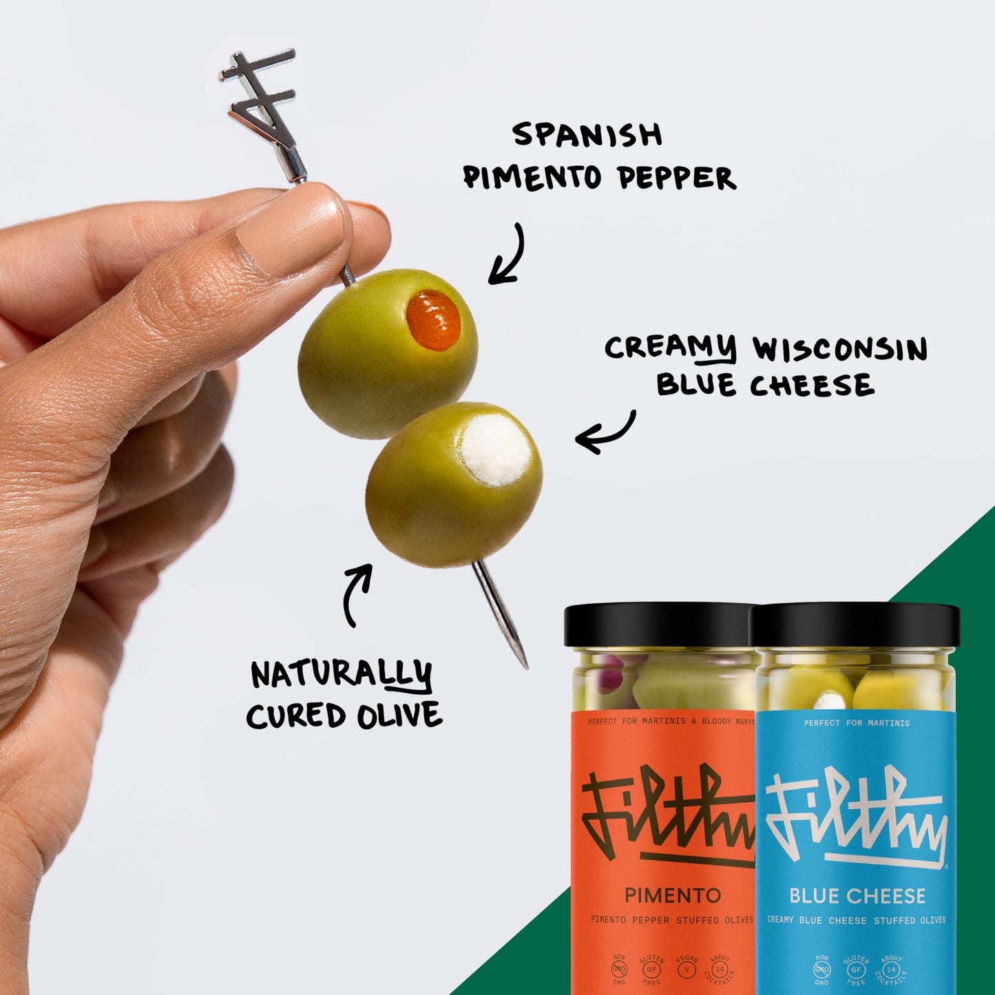 Filthy Martini Cocktail Kit, Premium Cocktail Kit, Includes Olive Brine, Pimento Stuffed Olives, Blue Cheese Stuffed Olives & 4 Stainless Steel Cocktail Picks, Non-GMO, Gluten Free