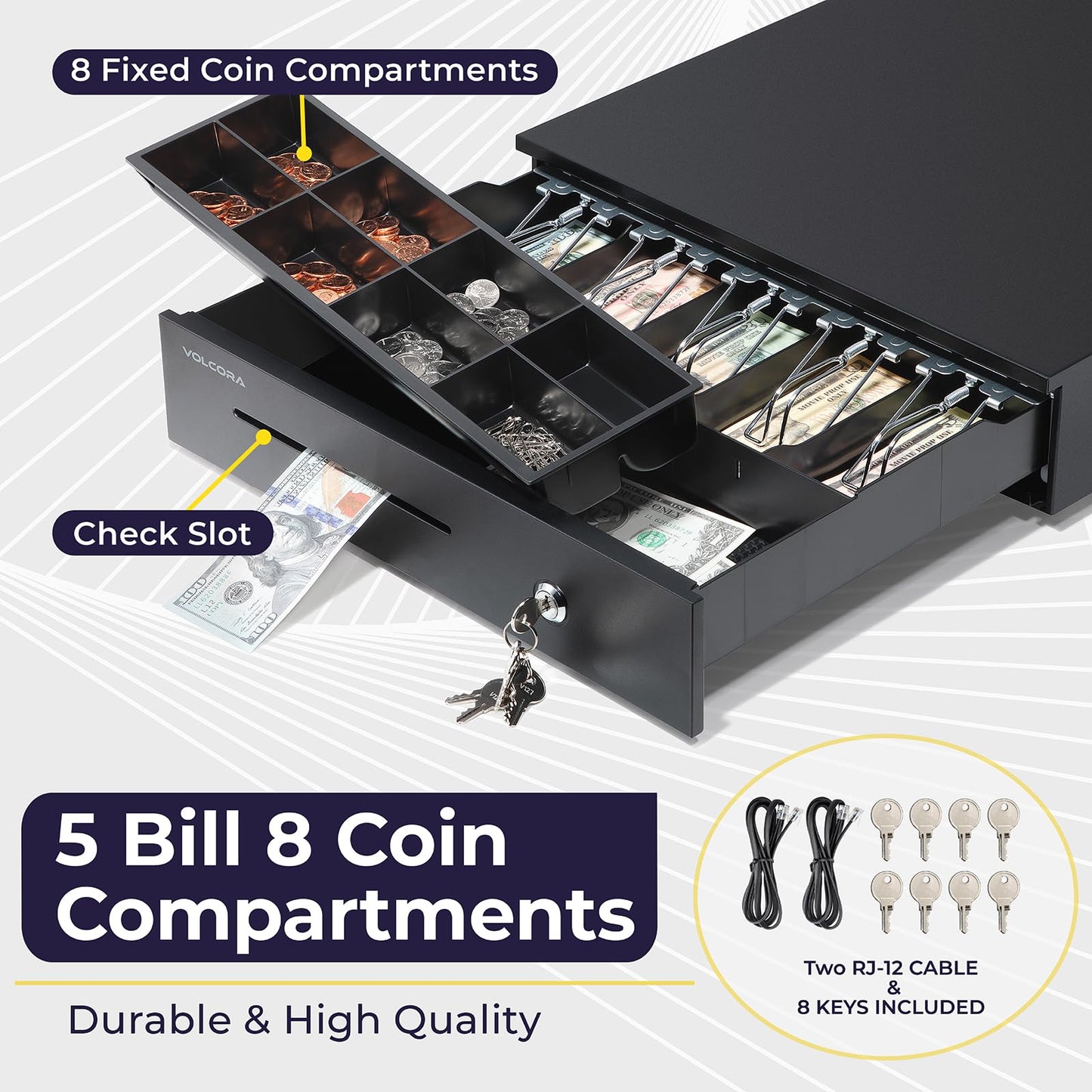 Volcora Electronic Cash Register Drawer for Point of Sale (POS) System, 5 Bill/8 Coin, 16" with Adjustable Coin Slots, 12-24V, RJ11/RJ12 Key-Lock, Media Slot, Black