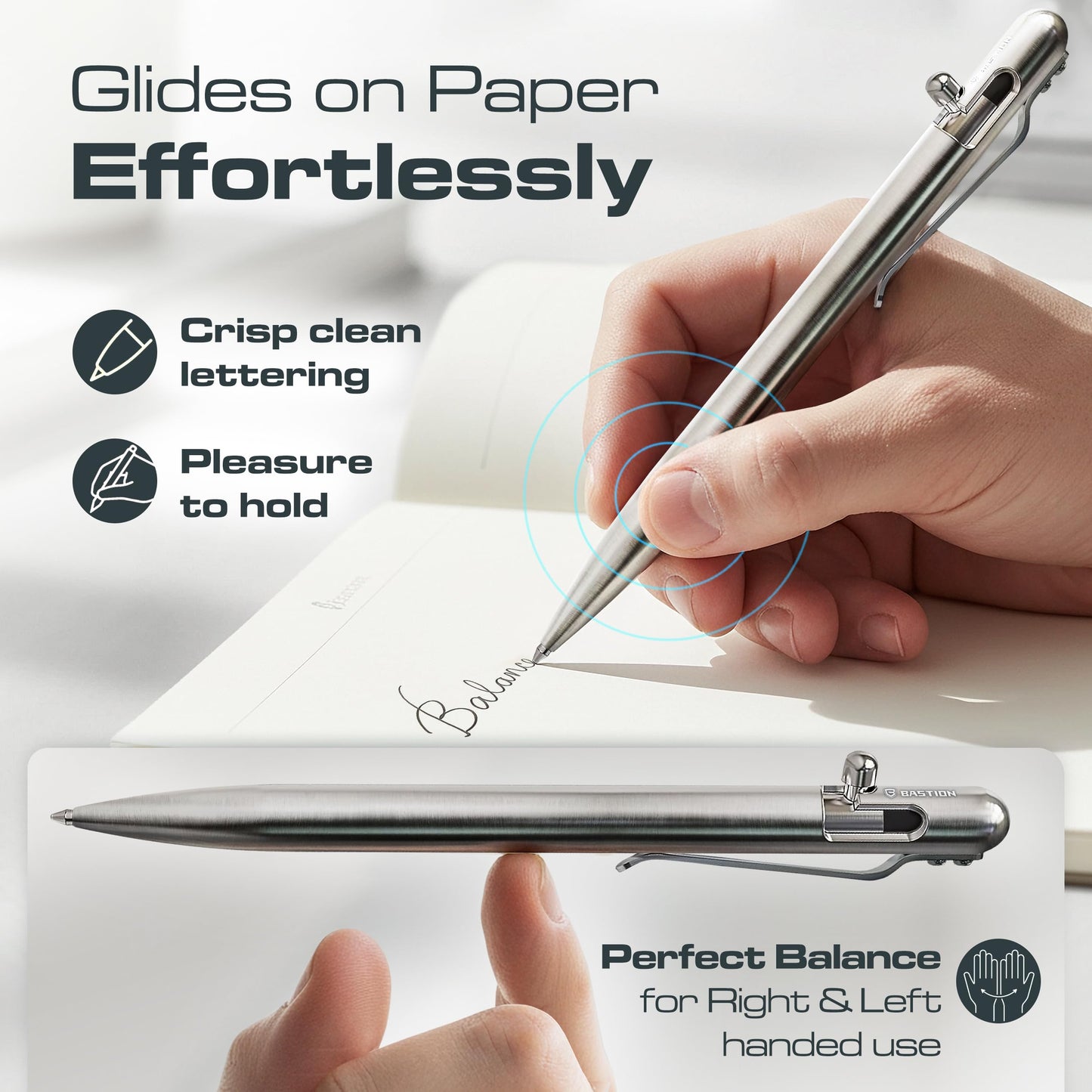 BASTION Bolt Action Pen, Stainless Steel Silver Slim, HyperBolt & ZeroSeam EDC Pen, Refillable Metal Writing Pen, Premium Graduation Gift, Executive Pocket Pen