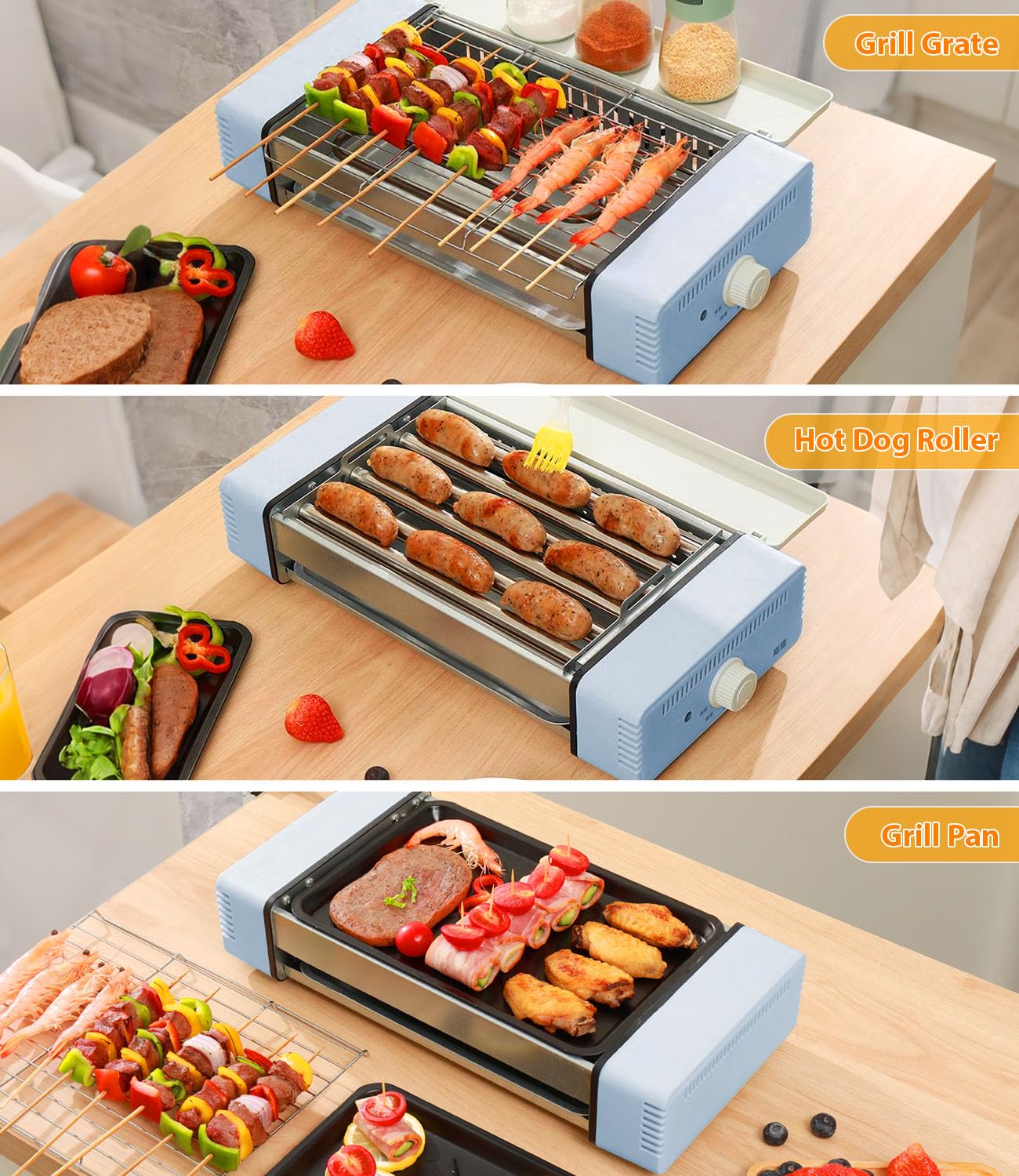 3-in-1 Electric Grill with Hot Dog Roller, Portable Indoor Outdoor BBQ Grill, Griddle and Sausage Roller Machine with Removable Non-Stick Plate & Drip Tray, for Tailgate, Camping, RV, Home Kitchen