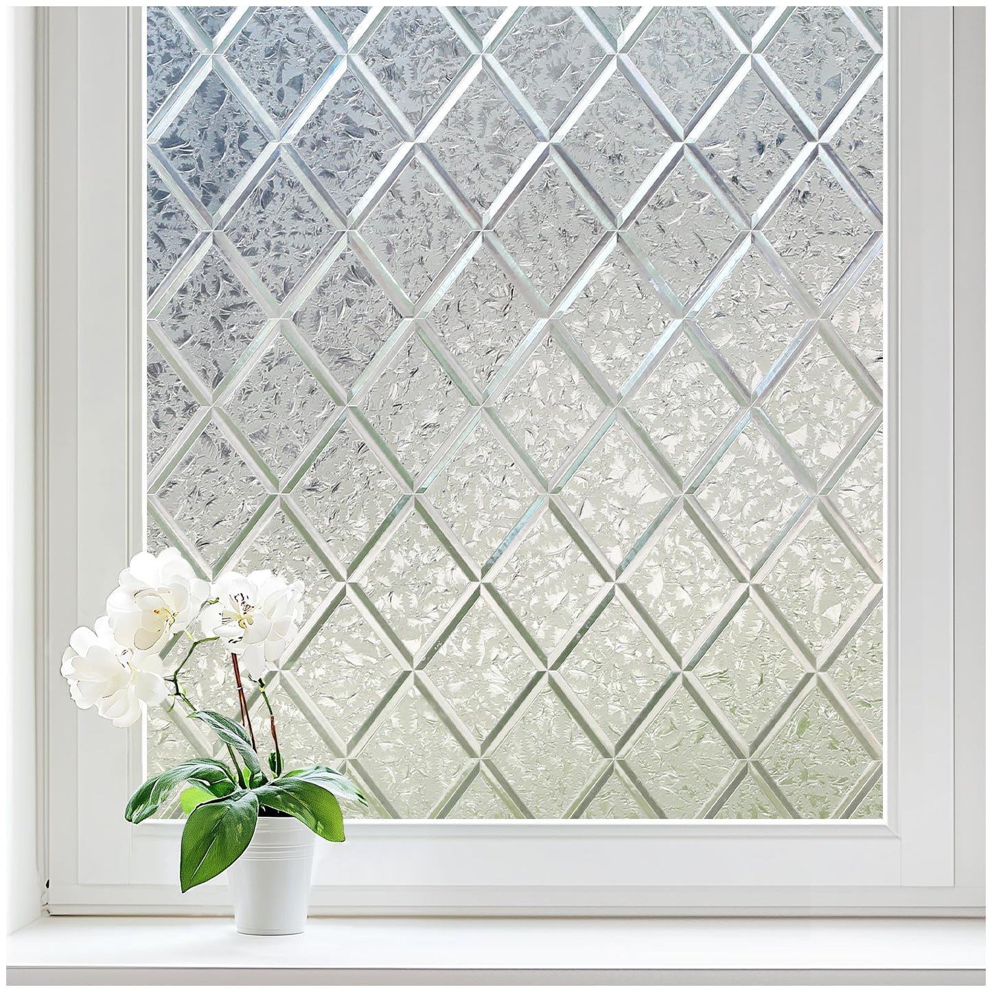 Haton Window Privacy Film Decorative Frosted Glass Window Film, Sun Blocking Stained Glass Clings, Static Cling Removable Stickers for Home Door Coverings, Lattice Pattern 35.4" x 157.4"