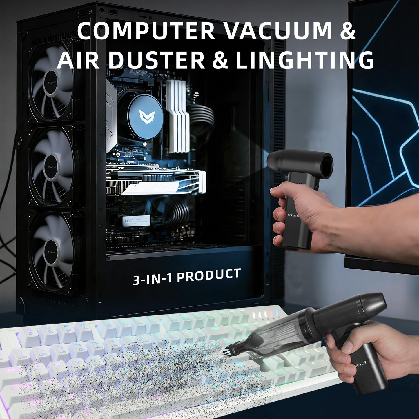 Novyllis Electric Compressed Air Duster Mini Blower Cordless with Computer Vacuum Cleaner kit Lighting 180,000 RPM 5 Speed Handheld 3 in 1 USB-C for pc Keyboards Home Car BBQ Grill