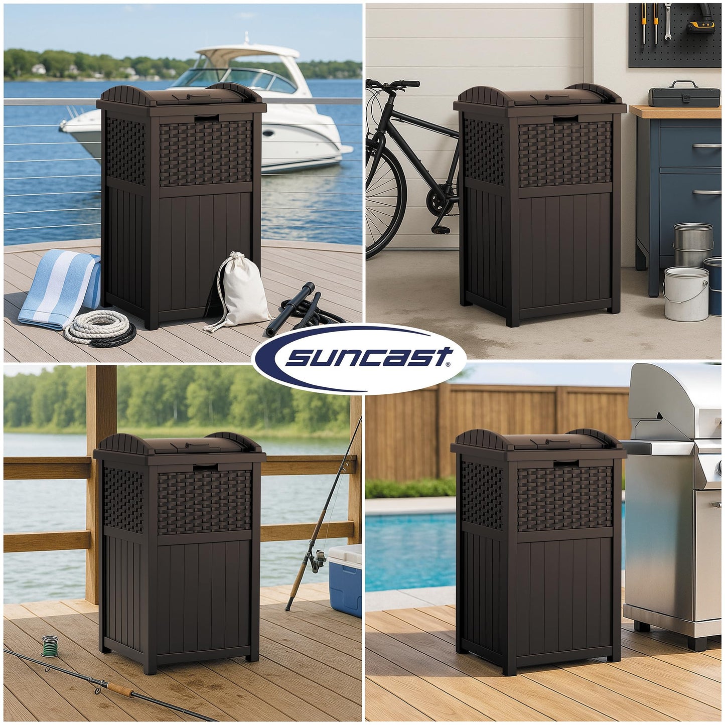 Suncast 33 Gallon Commercial Outdoor Trashcan Hideaway with Lid for 30 to 33 Gallon Trash Bags for Garage, Backyard, or Garden, Brown