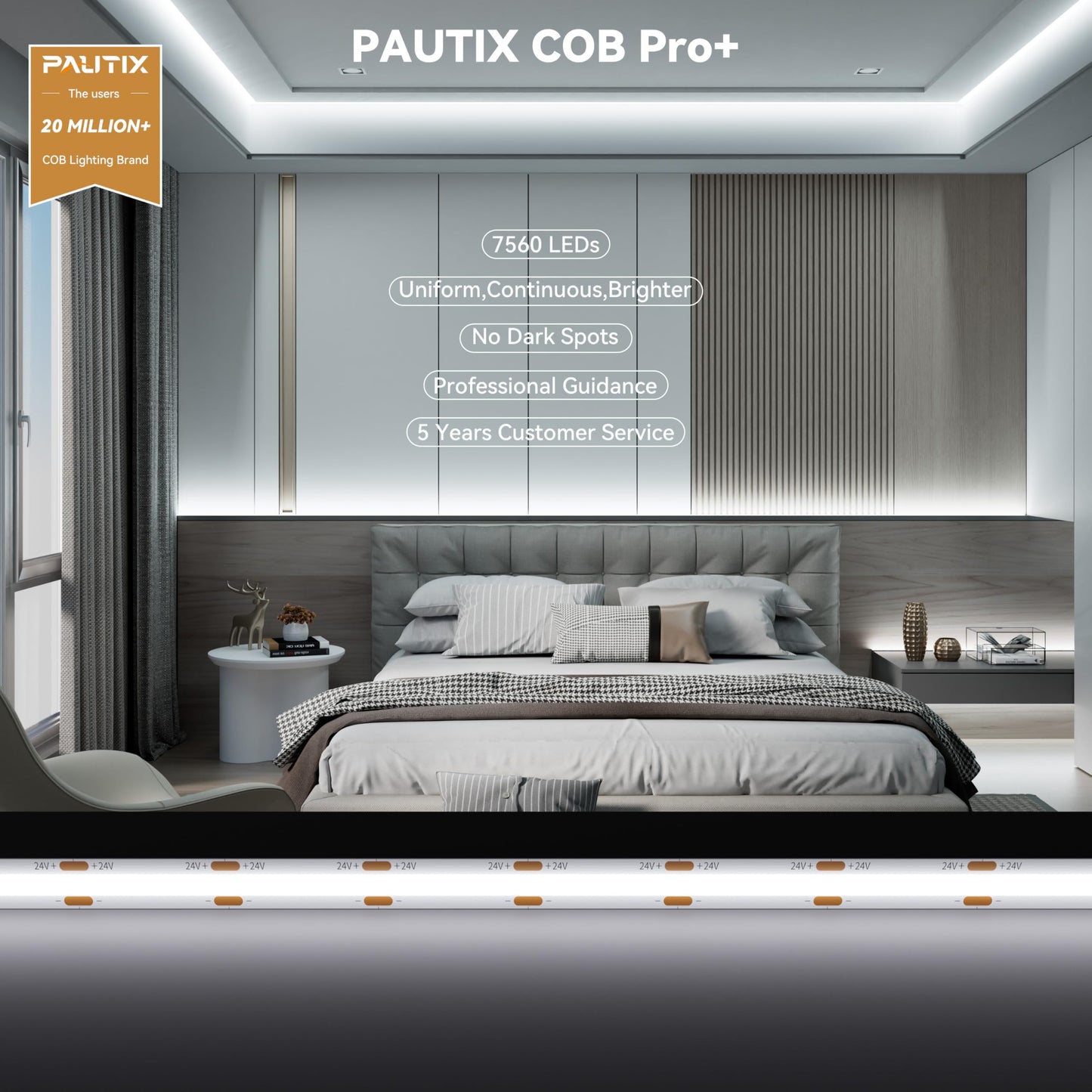 PAUTIX COB LED Strip Lights 48ft/15m Super Bright,504 LEDs/m Daylight White 6000K CRI90+ Flexible LED Tape 24V for Cabinet Home DIY Lighting Projects with 2pcs COB Connector(Power Supply Not Included)