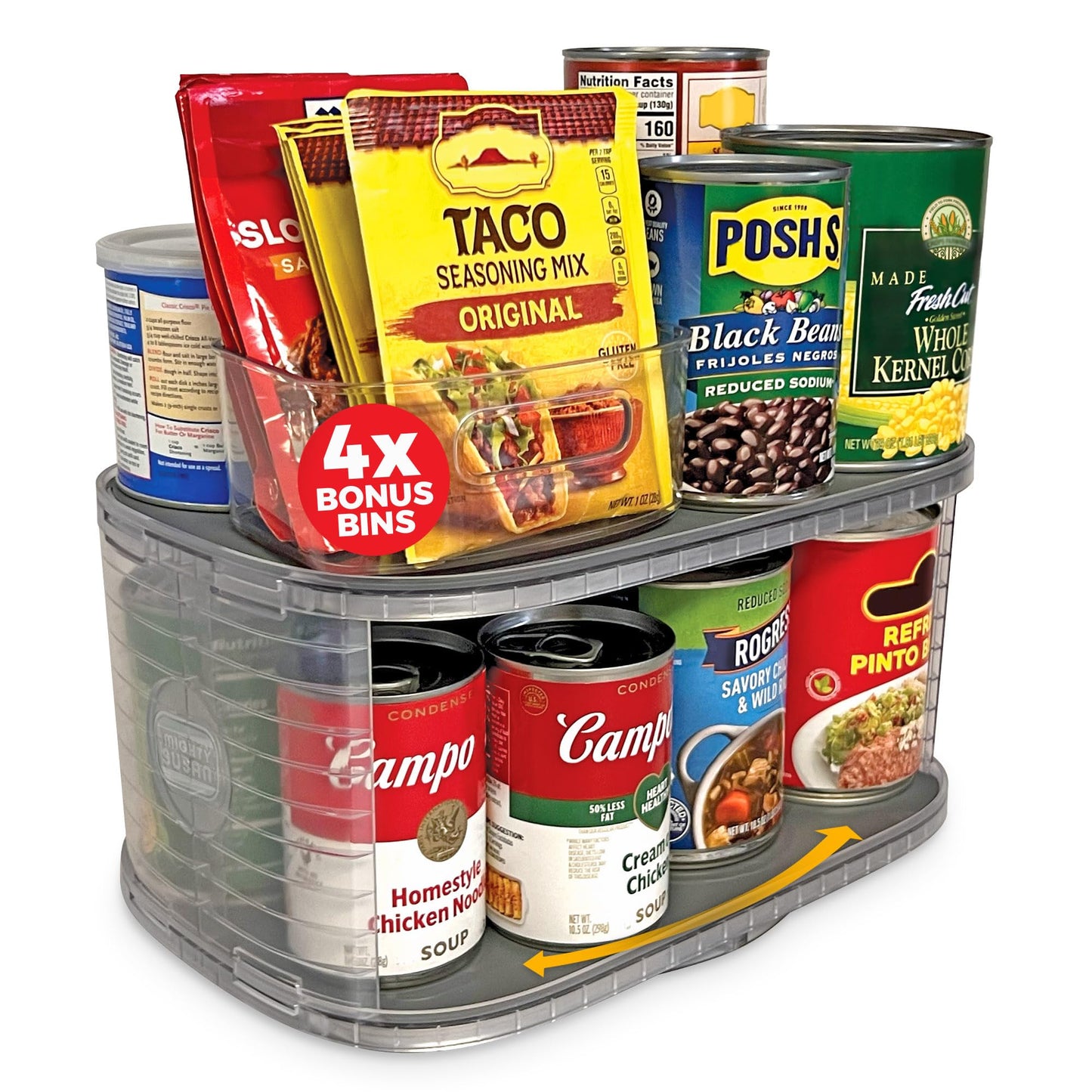 Mighty Susan Kitchen Organizer for Canned Goods: 2-Tiered Robust Turntable Organizer for Cabinet/Pantry. Steel Reinforced Holds Up To 30 lbs. Rotates 360° for Maximum Visibility. Includes 2 Bonus Bins