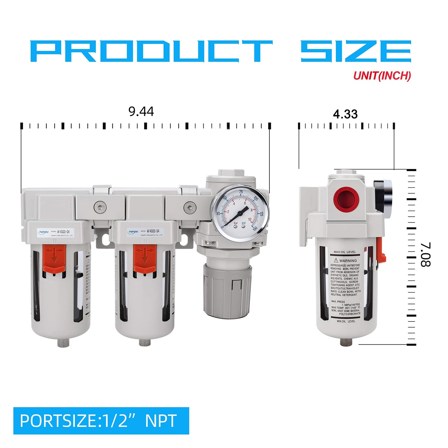 NANPU DFR-04 1/2" NPT Air Drying System - Double Air Filters, Air Pressure Regulator Combo - Semi-Auto Drain, Poly Bowl