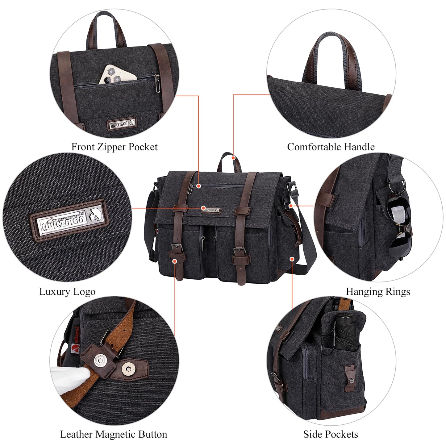 WITZMAN Vintage Canvas Messenger Bag for Men and Women Large Satchel Bags Crossbody Shoulder with 17 inch Laptop(A8008/2 Black)