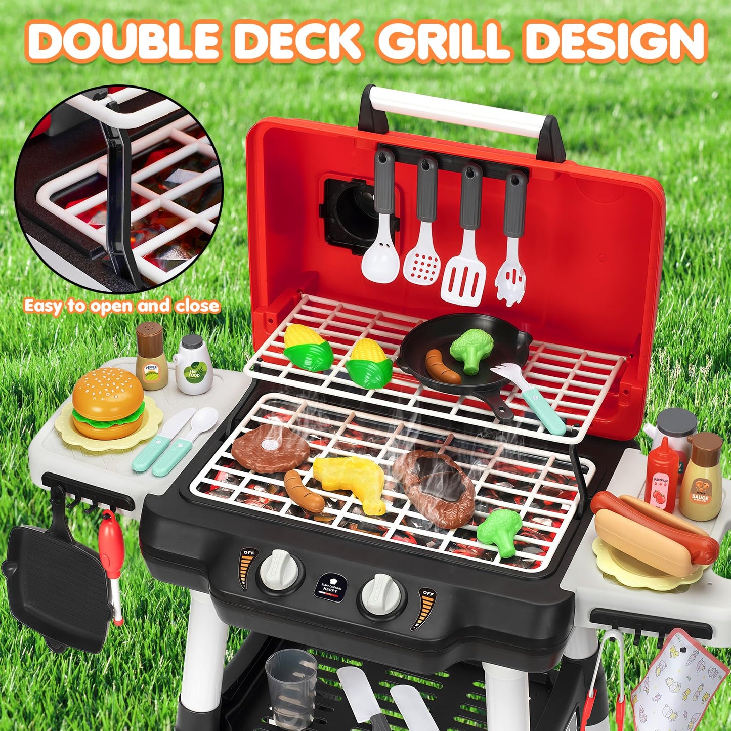 Kids Play Kitchen Toys, Kids BBQ Grill Playset with Smoke Sound Light, 2-Layer Barbecue Toy with Wheel, Outdoor Play Grill Toys for Toddlers 3-5, Play Food Toys Cooking Set, Birthday Gift for Boy Girl