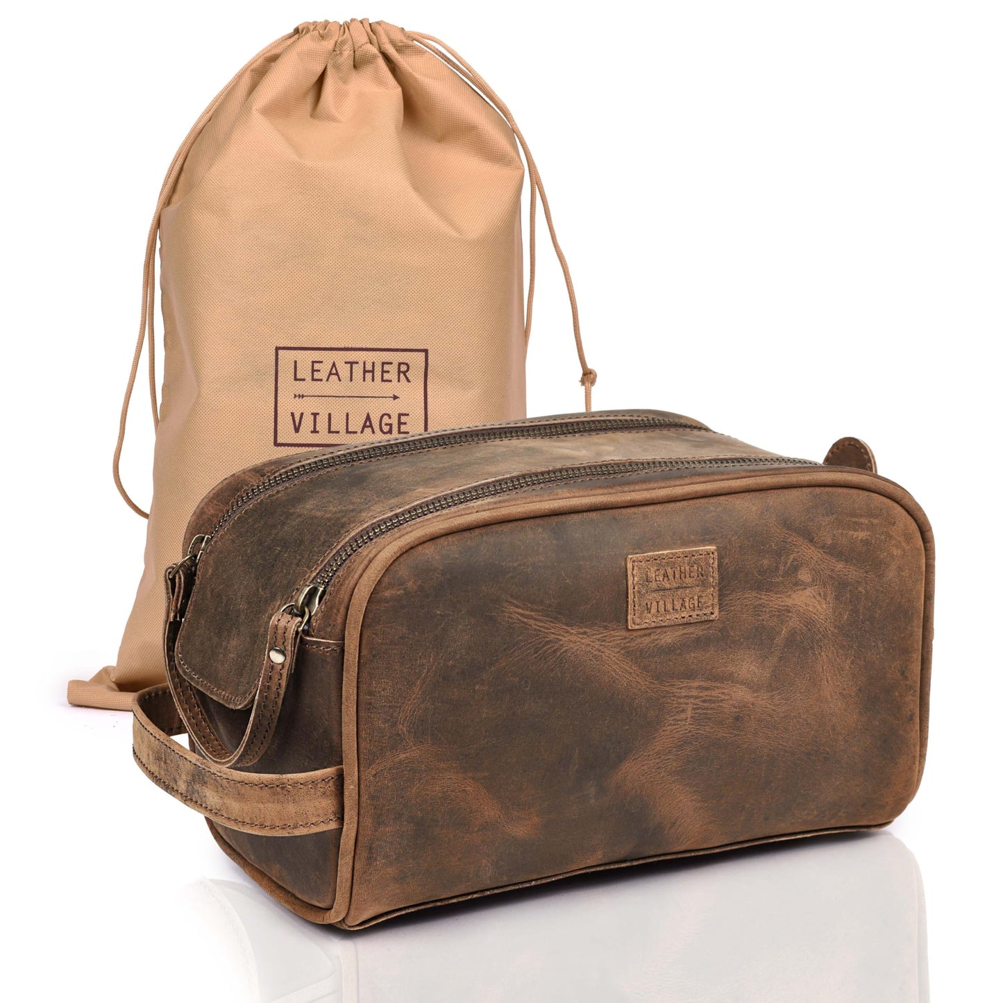 LEATHER VILLAGE Premium Leather Toiletry Travel Pouch With Waterproof Lining - Brown | King-Size Handcrafted Vintage Dopp Kit Bag