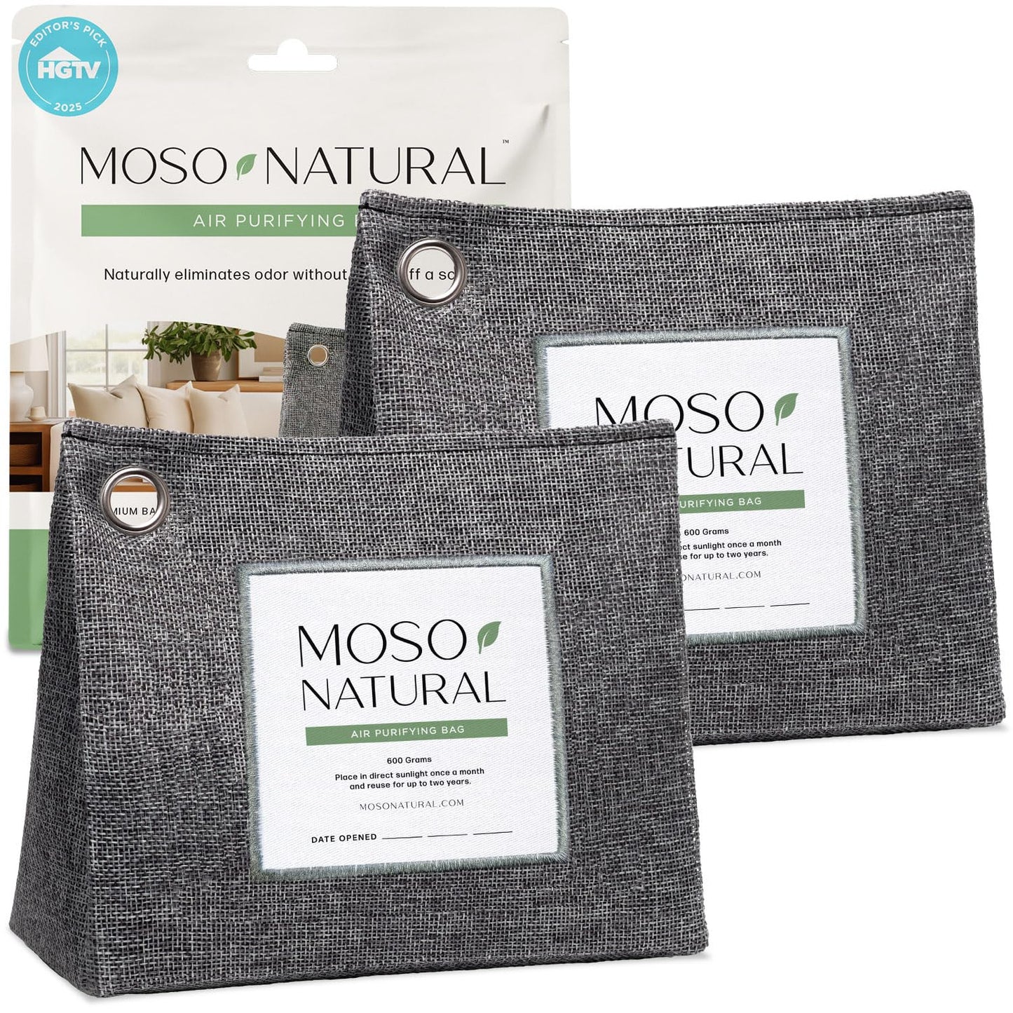 Moso Natural Air Purifying Bag 600g, Premium Bamboo Charcoal Odor Absorber, Room Deodorizer for Large Spaces, Bedroom, Kitchen, Basement, Pet Odor Eliminator for Home, 21oz Charcoal Bags (2 Pack)