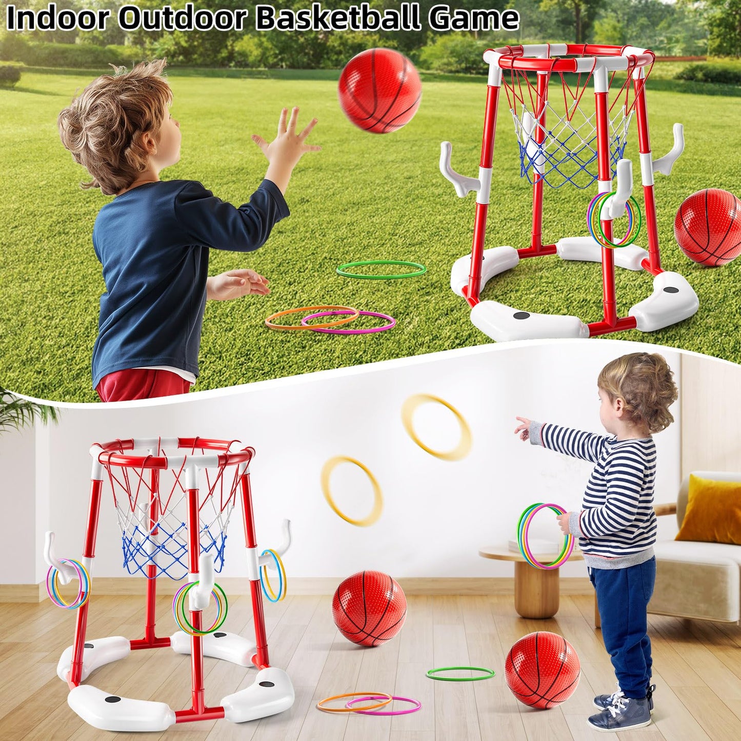 NIPLOOOW Pool Basketball Hoop, 2-in-1 Floating Pool Toys Ring Game with 4 Balls and Pump, Outdoor Swimming Pool Basketball Games Water Play Toy Family Party for Kids Adults Age 3-12 (Red)