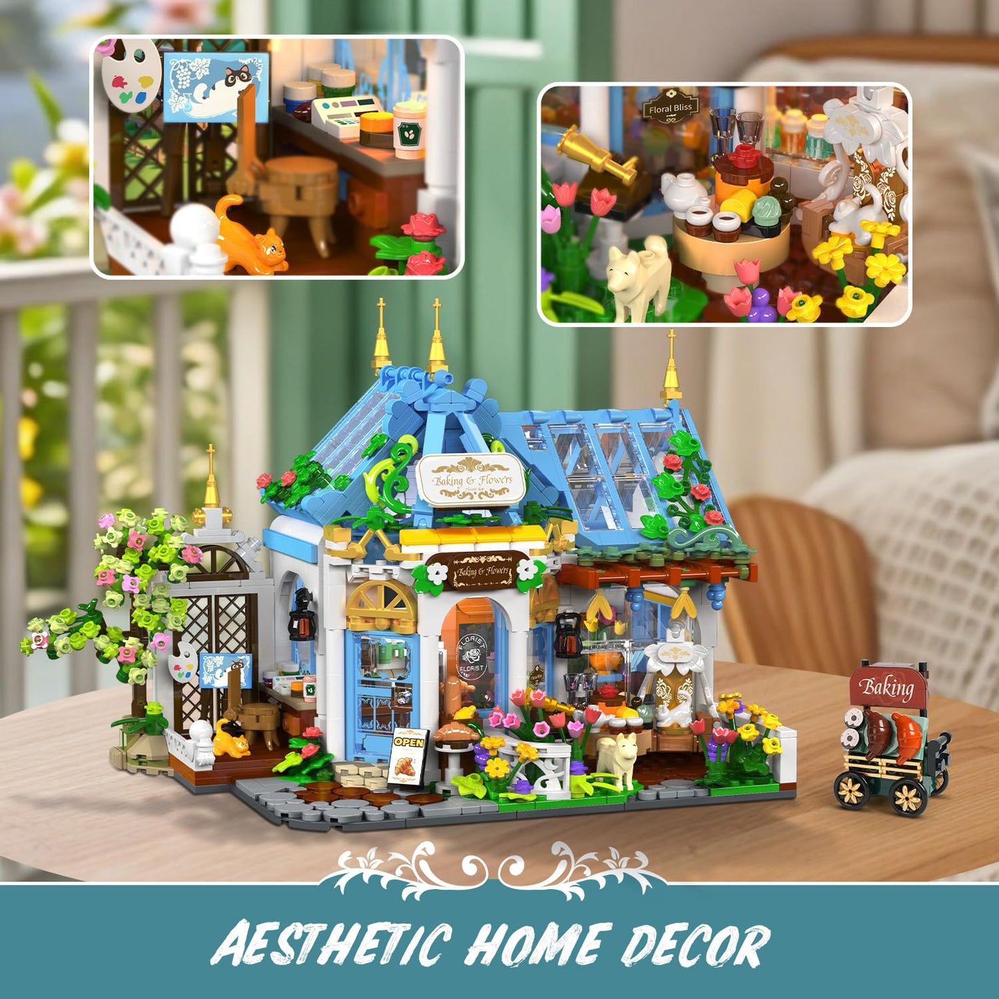 PLAXSOON Flower Café House Building Set with LED, 1520 PCS Botanical Coffee Architecture with Openable Design, Floral Bakery Construction Model for Home Decor, Gift for Adults Women Teens Girl Boy 12+
