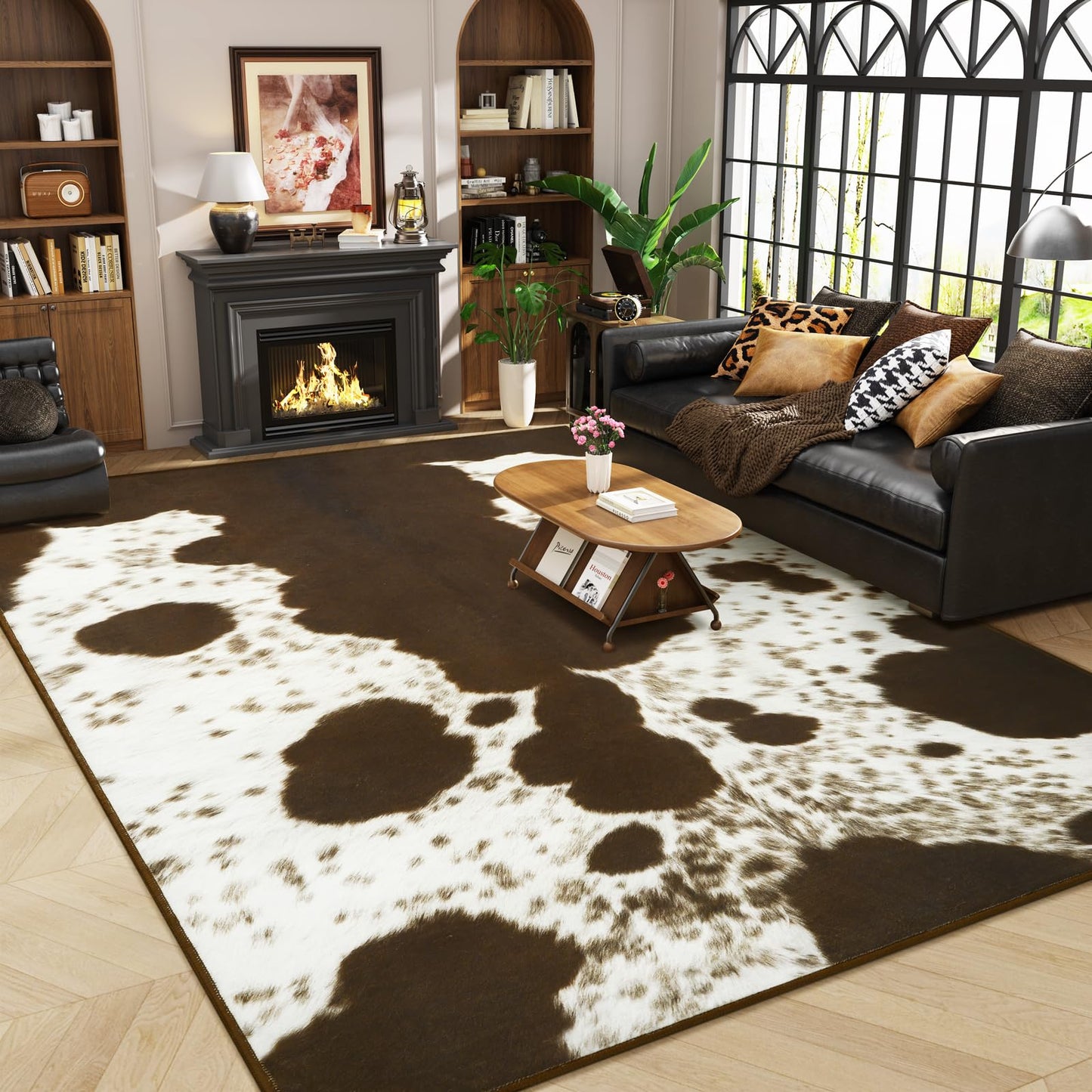 Amearea Faux Cowhide Rugs for Living Room, 5x7 Feet Machine Washable Cow Print Area Rug for Bedroom, Premium Western Home Decor Animal Print Non-Slip Throw Rug Carpet for Dining Room Kitchen Office