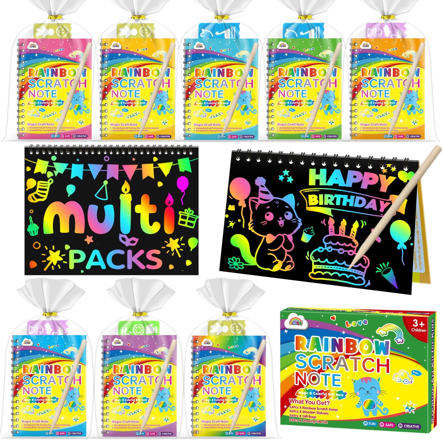ZMLM Rainbow Scratch Party Favors Kids: 24 Pack Birthday Gifts Toy Bulk Scratch Art Notebook Birthday Goodie Bags Stuffers Girls Boys Art Craft Kit Pads Classroom Prizes School Teacher Return