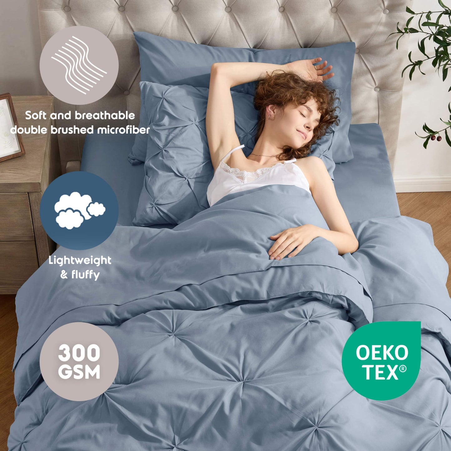 Nestl Twin XL Comforter Set 5 Piece - Pintuck Twin XL Bedding Set Stone Blue, College Dorm Room Essentials Bed in a Bag, Twin XL Comforter Set for College Girls & Boys with Sheets, Pillowcase and Sham