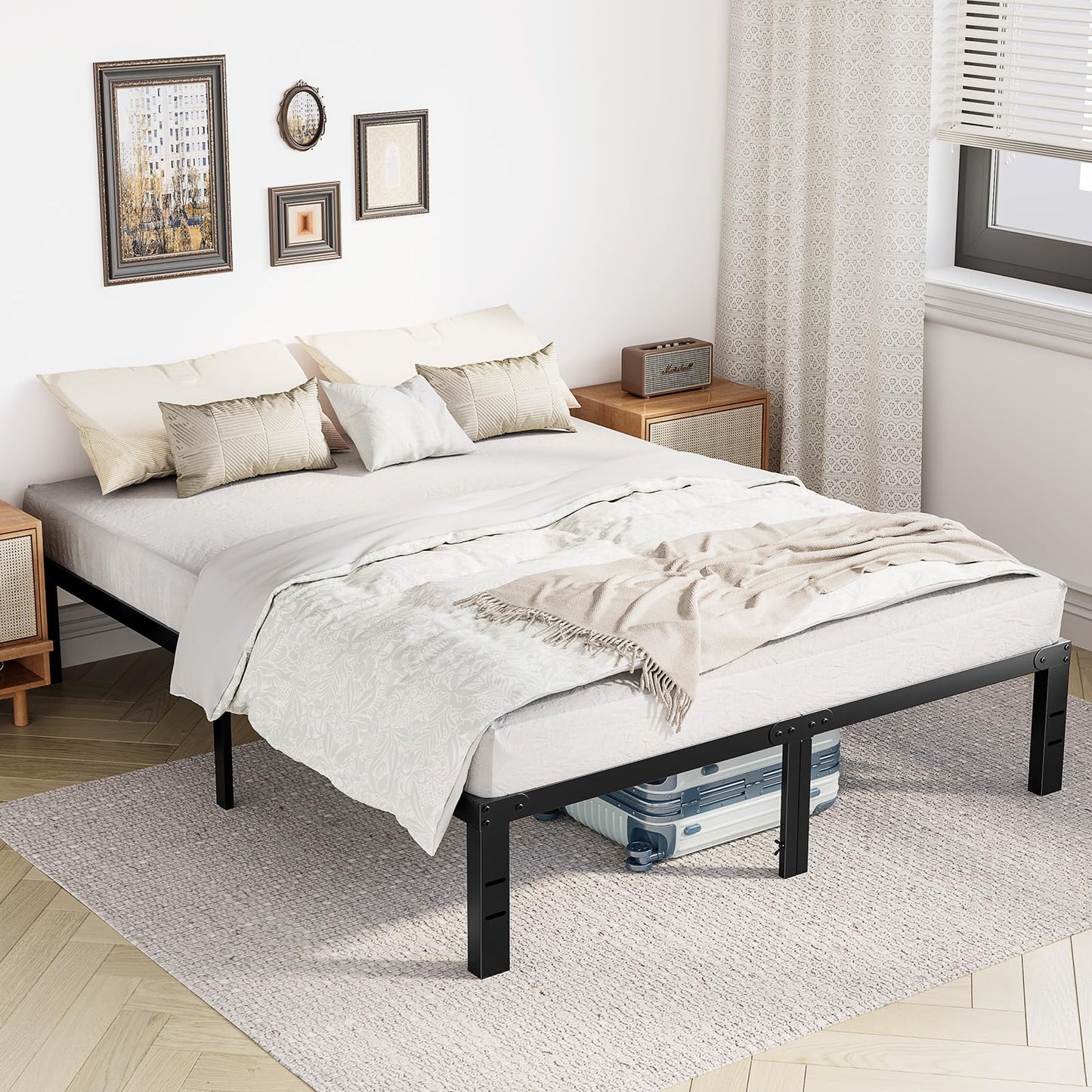 DUMOS Queen Size 14 Inch Bed Frame - Metal Platform Bed Frame Mattress Foundation with Steel Slat Support, No Box Spring Needed, Storage Space Under Base, Easy Assembly, Black