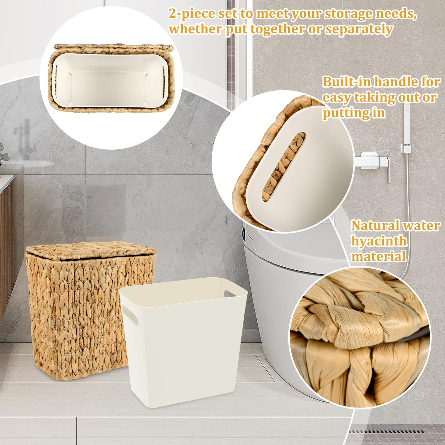 ZUNKNOD Wicker Trash Can with Lid and Liner, Handwoven Wicker Waste Basket, Water Hyacinth Bathroom Trash Can, Boho Rattan Garbage Wastebasket for Bedroom Home Living Room Office Kitchen, 2.5 Gallon