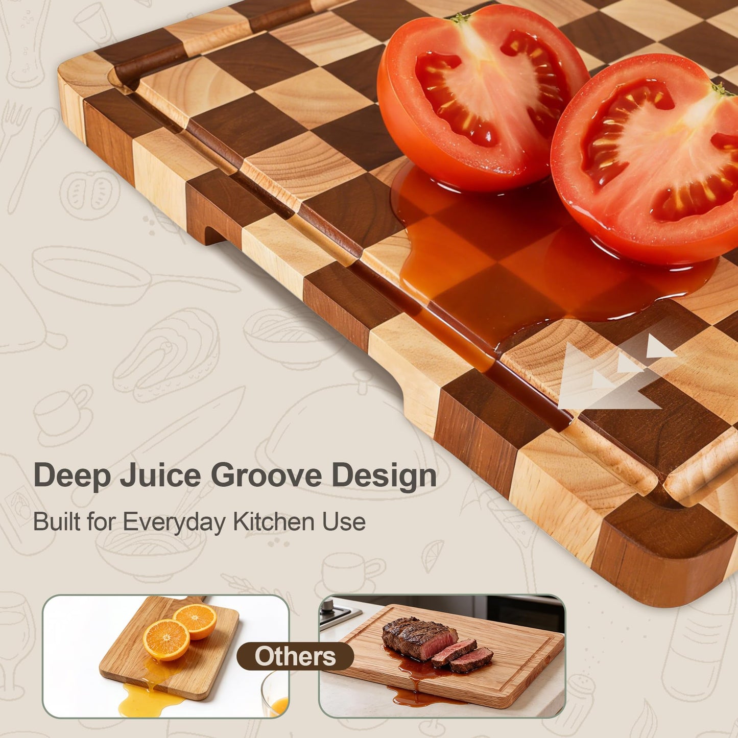 Checkered Cutting Board Set, 3-Piece Wood Checkerboard Cutting Boards for Kitchen with Stand, Chopping Board Set with Juice Groove & Handle for Meat, Vegetables, Cheese & Serving