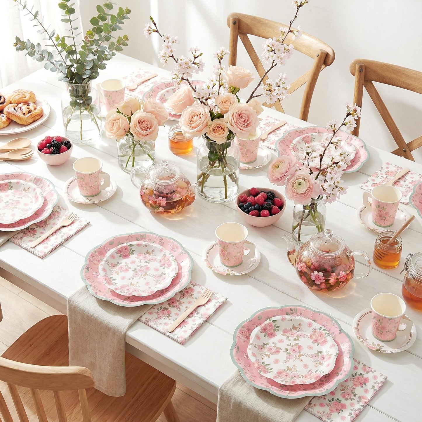 Pickmesh 252 Pcs Pink Floral Tea Party Supplies for 36 Guests Pink Floral Paper Disposable Dinnerware Flower Teacups with Handle and Saucers Set for Tea Party Decorations Birthday Wedding