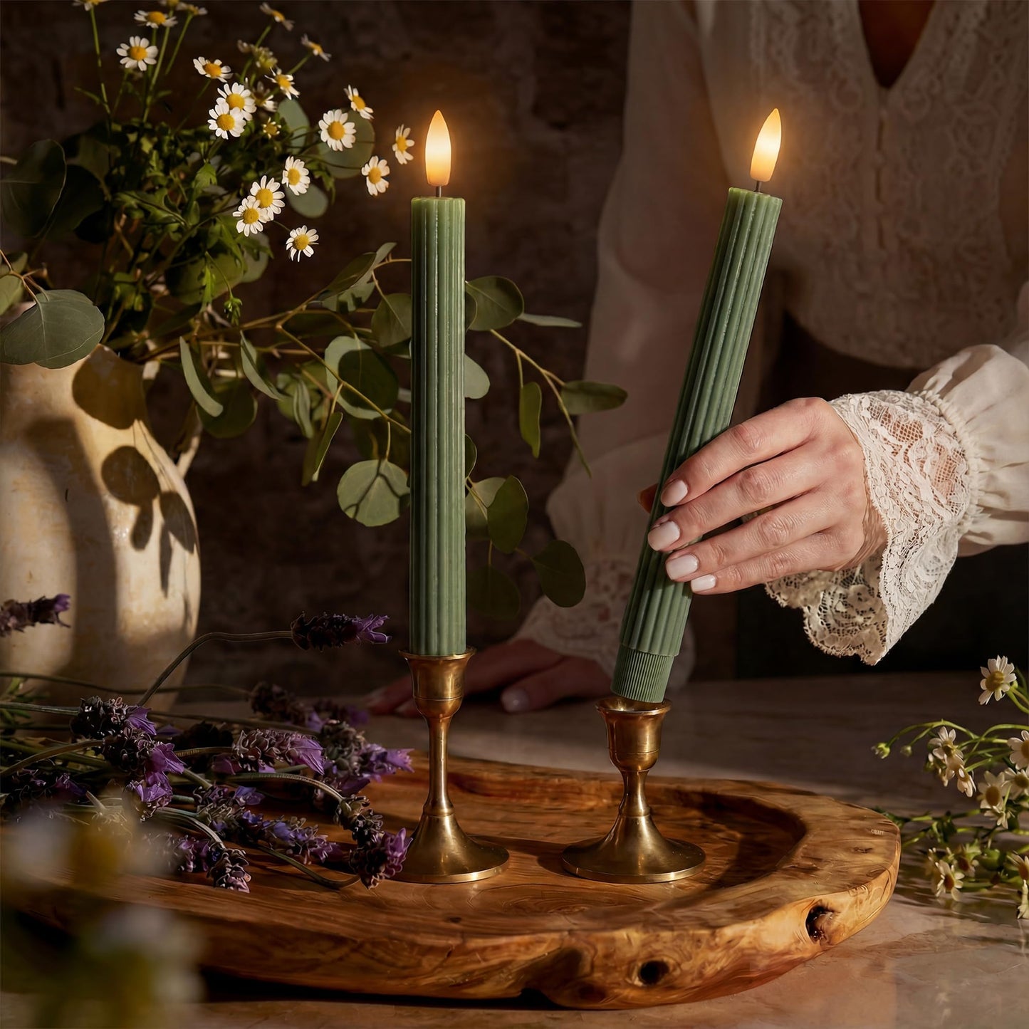West Ivory 6 Pack, 10" LED Flameless Real Wax Sage Olive Loden Green Fluted Ribbed Grooved Taper Candles, Remote & 24h Timer Memory, On/Off Button, Dimmable, Flicker Mode, Battery Operated, Wedding