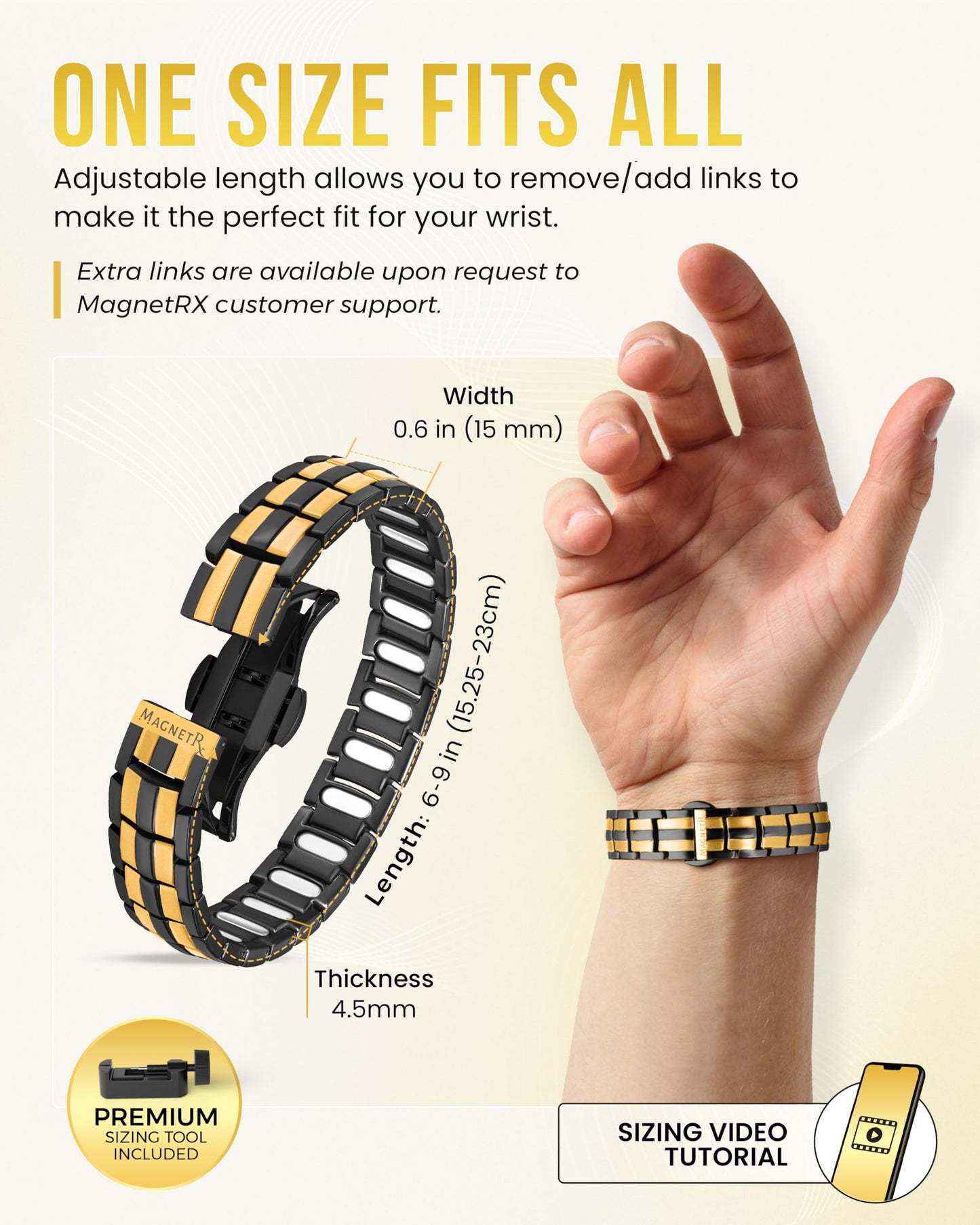 MagnetRX® Magnetic Bracelets for Men — EllipseMAX 5X Strength 5,000 Gauss Magnets — Designed in USA & Patent Pending — Premium Titanium Mens Magnetic Bracelet & Adjustable Length (Black/Gold)