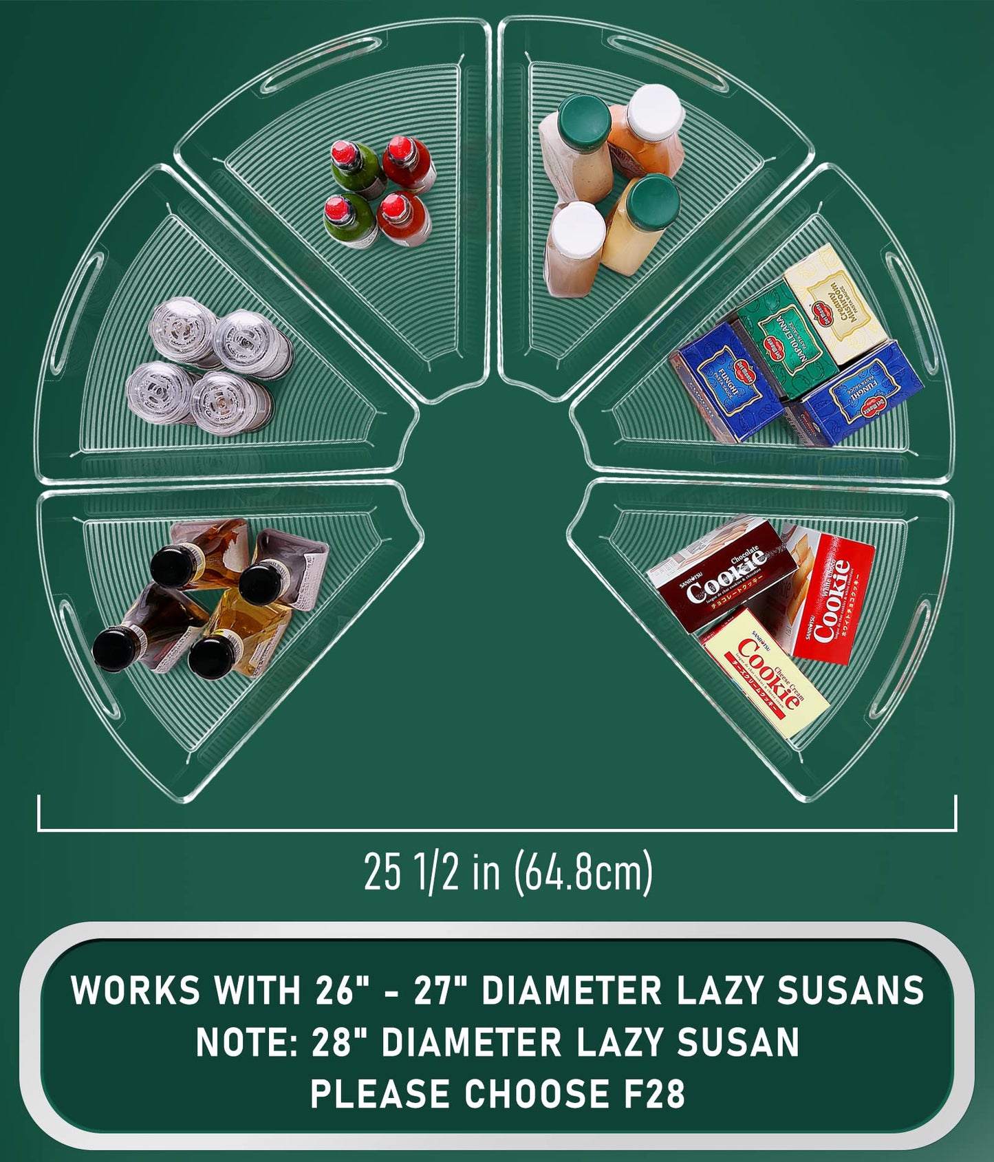 JEISSLIA Lazy Susan Cabinet Organizer Bins for 26"/ 28"/ 32" Diameter Corner Organizer, Plastic Cabinet Storage Bin, 1/8 Wedge - Food Safe, BPA Free, with Non-Slip Pads (for 32" Diameter, 6 Pack)