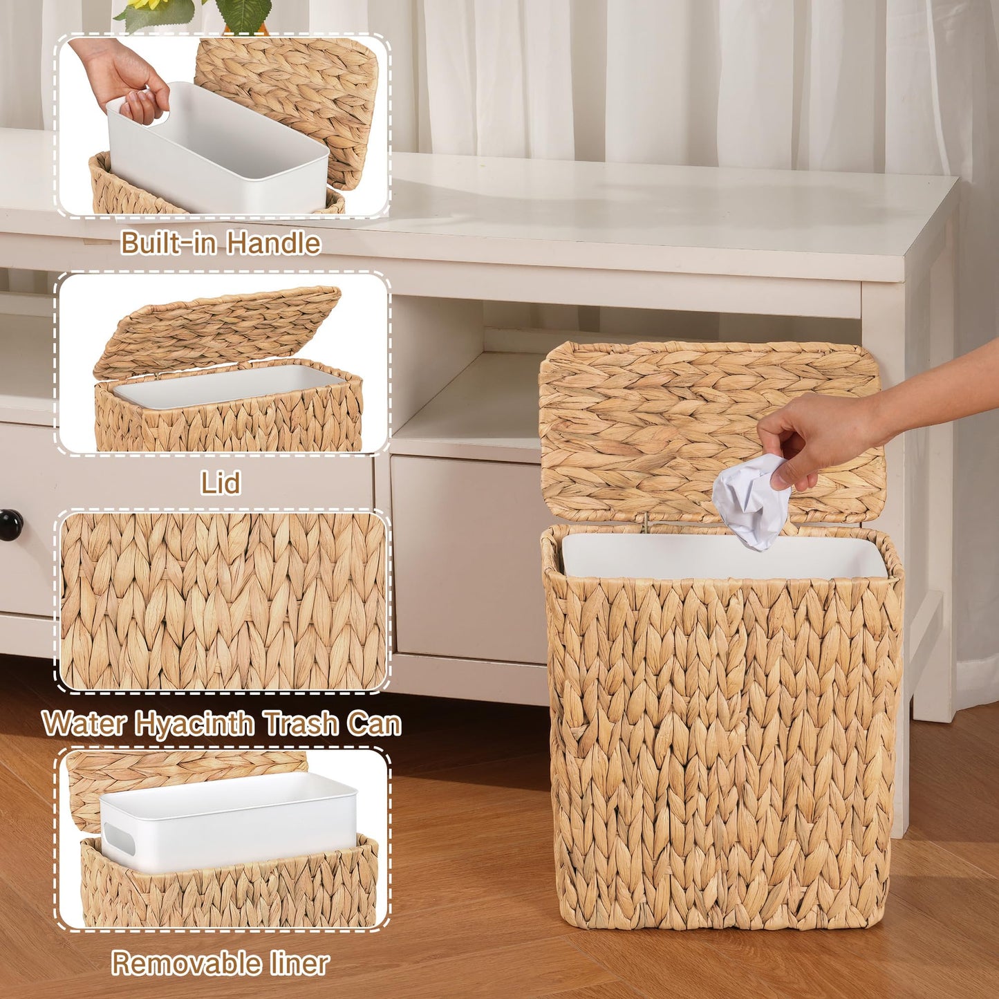 iEGrow Wicker Trash Can, Bathroom Trash Can with Lid, 3 Gallon Natural Water Hyacinth Waste Basket with Removable Liner, for Bedroom, Living Room, Toilet, Under Sink