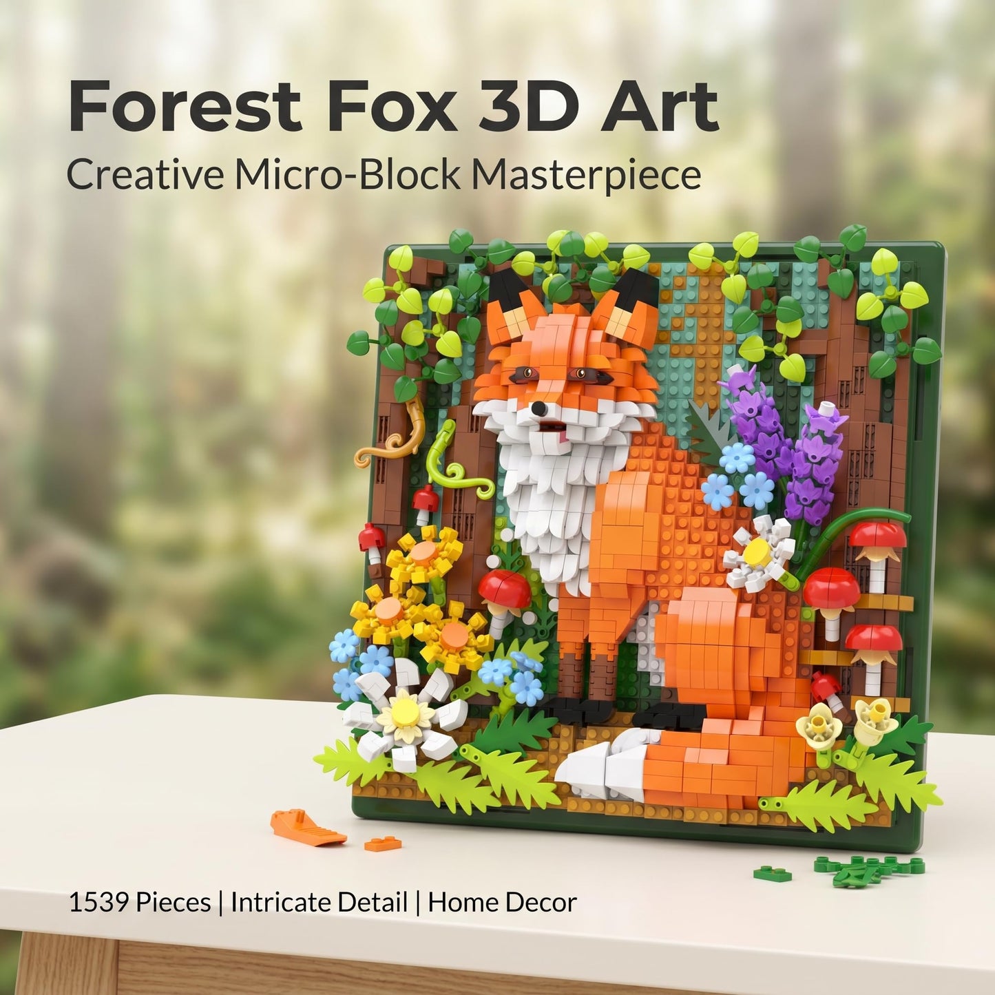 BeepZipp Forest Fox 3D Wall Art Micro Mini Building Blocks Set, 1539 PCS Animal Model Kit for Home Office Wall Decor or Tabletop Display, Unique Birthday Gift for Adults Teens Girls Boys Ages 14+