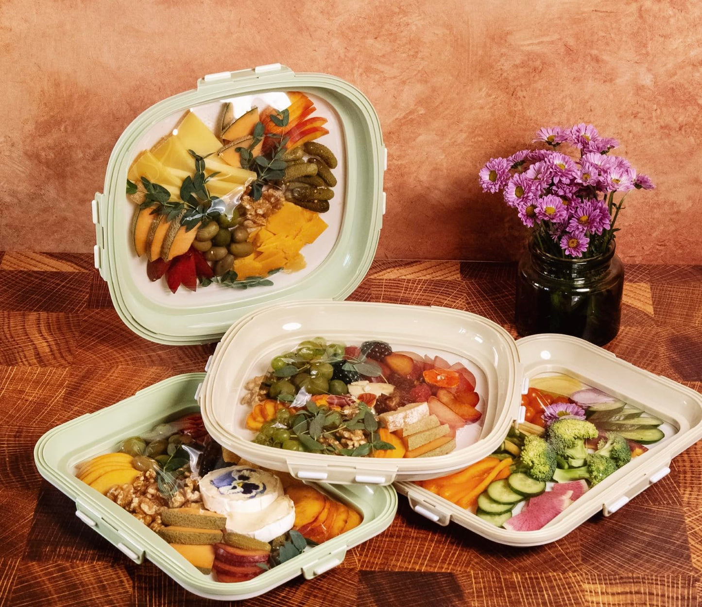 Crudités | Portable Snack Tray | Rectangle 2-Pack | Cream White | Reversible Stretch Lid Food Containers | BPA-Free, Freezer & Dishwasher Safe | Meal-Prep, Charcuterie, Salads, Picnic, Travel