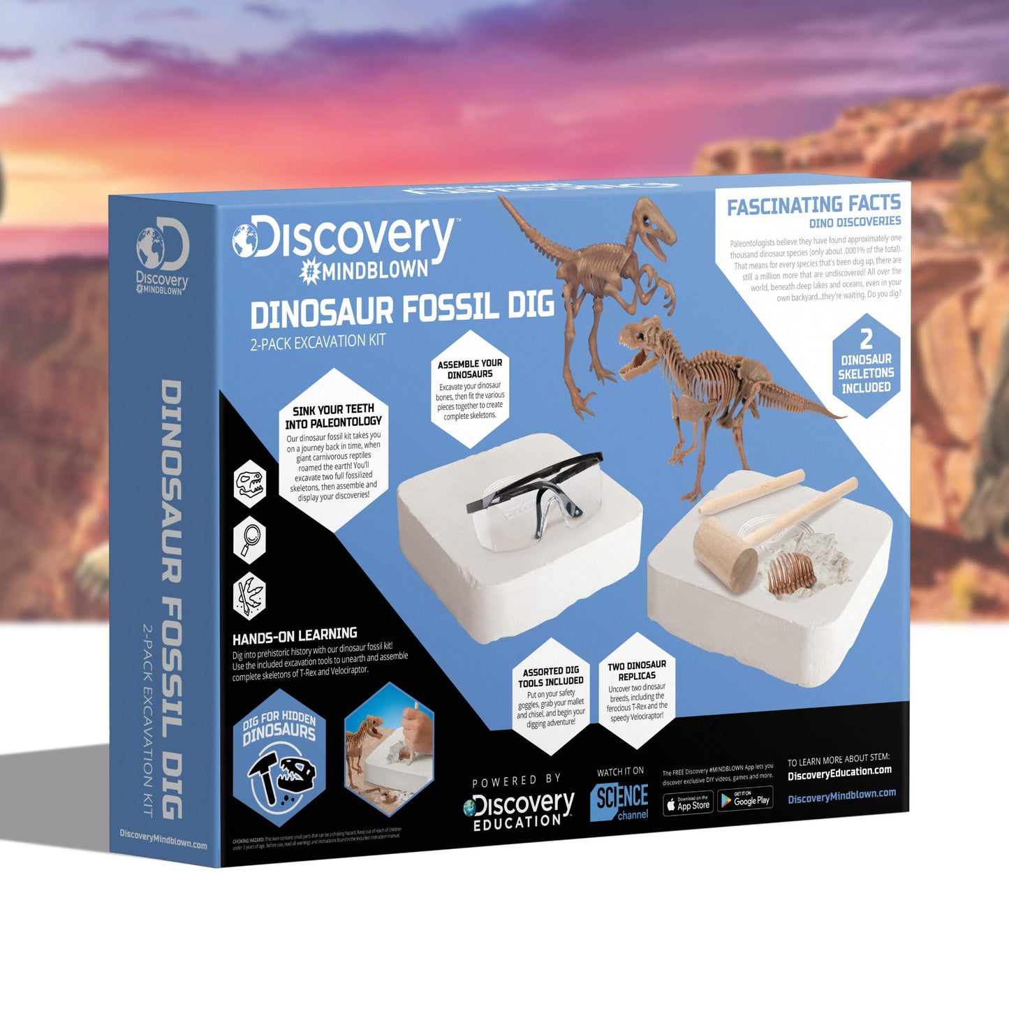 Discovery #MINDBLOWN Dinosaur Fossil Dig Excavation Kit, 15-Piece T-Rex & 10-Piece Velociraptor, 3D Skeleton Puzzle Display Models, Includes Tools & Safety Glasses, Jurassic Dino Toy for Kids