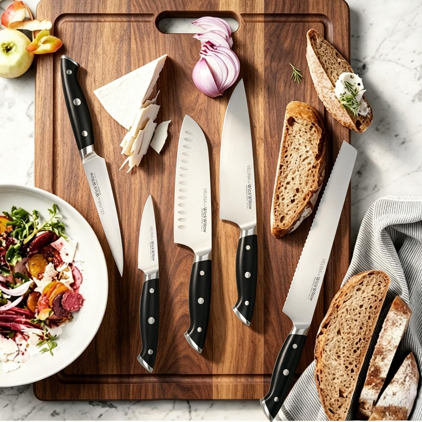 WICKWILLOW Velina 10-Inch Serrated Bread Knife - German X50CrMoV15 Steel, Full Tang, Razor-Sharp Wavy Edge for Sourdough, Artisan Bread, Bagels, Cakes & Sandwich Loaves - Gift Boxed for Home Bakers