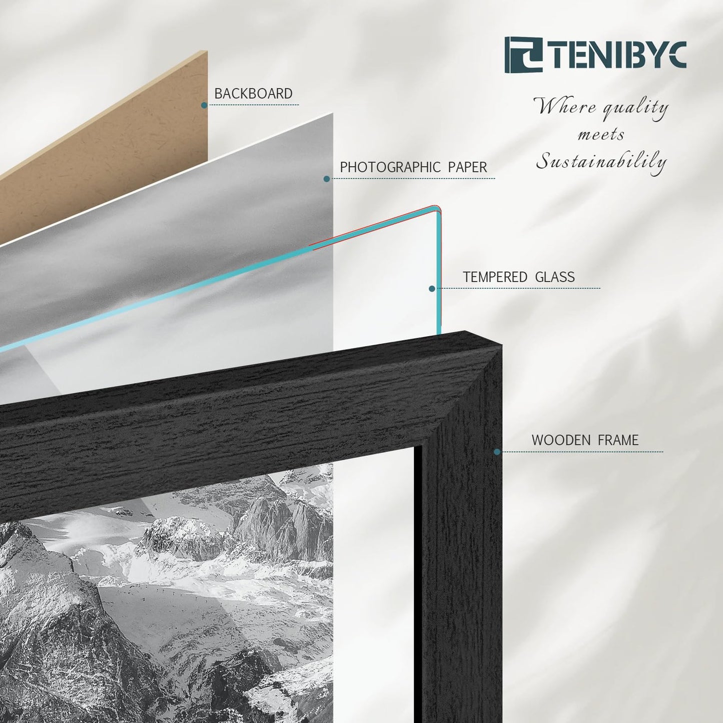 TENIBYC 8.5x11 Picture Frame Black - 4 Pack, HD Tempered Glass, Elegant Wood Grain Photo Frame, Suitable for Certificate Document, Table or Wall Display