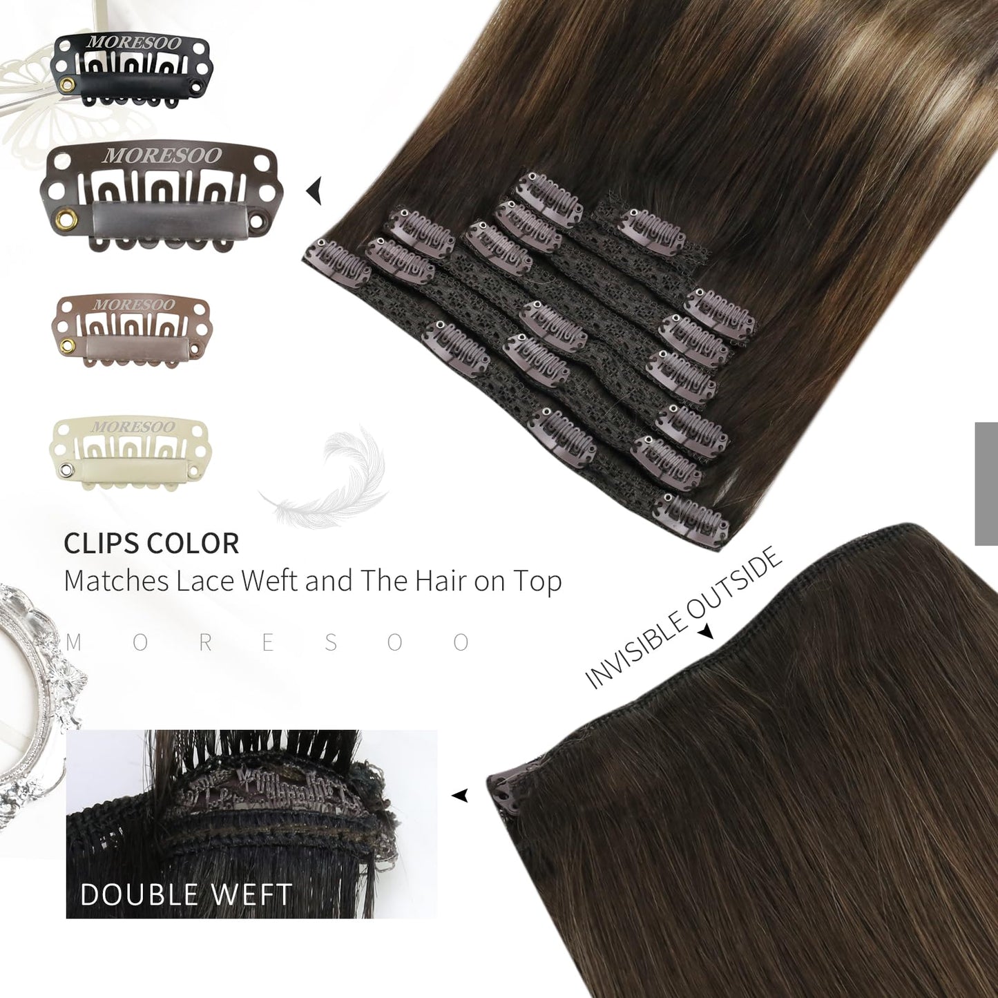 Moresoo Clip in Hair Extensions Real Human Hair Balayage Clip in Extensions for Women Ombre Dark Brown to Golden Brown with Dark Ash Blonde Hair Extensions Clip in Human Hair 18inch 7Pcs 120G