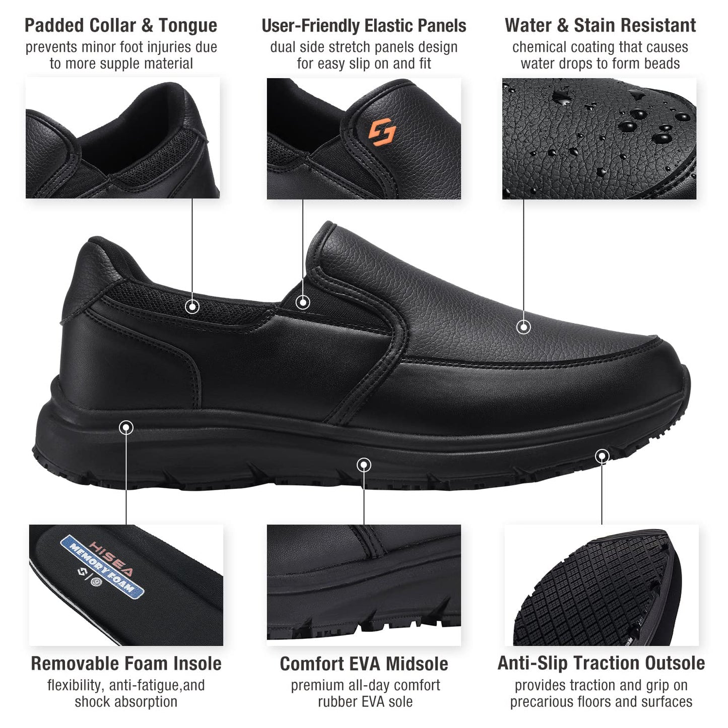 HISEA Men's Leather Non Slip Food Service Shoes, Water & Oil Resistant, Comfortable, Breathable, Lightweight Slip Resistant Shoes for Men, for Kitchen, Restaurant, Slip-on Chef Walking Shoes Black