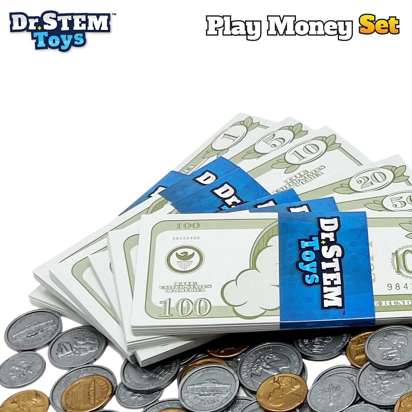 Dr. STEM Toys - Kids Money Set - Durable boxed set provides 400 pieces of realistic fake money bills and fake coins for pretend play, help kids to